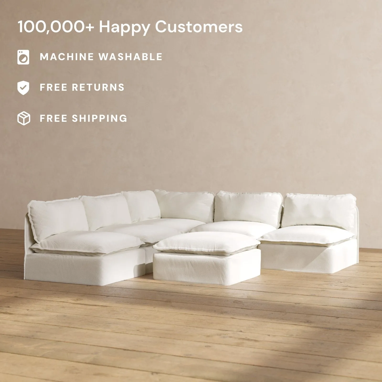 Modular Performance 5-Seater Open-Ends Corner Sectional   Ottoman in Eggshell | Deluxe Blend