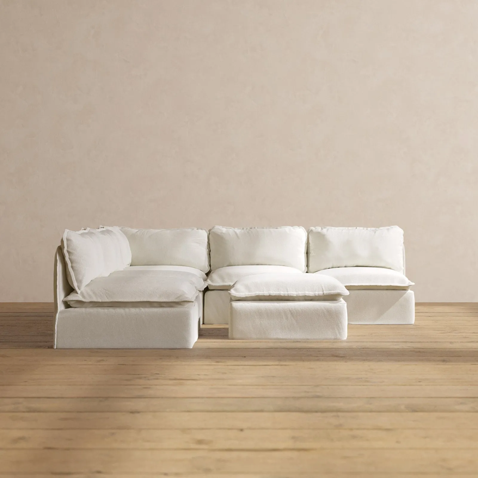 Modular Performance 5-Seater Open-Ends Corner Sectional   Ottoman in Eggshell | Deluxe Blend