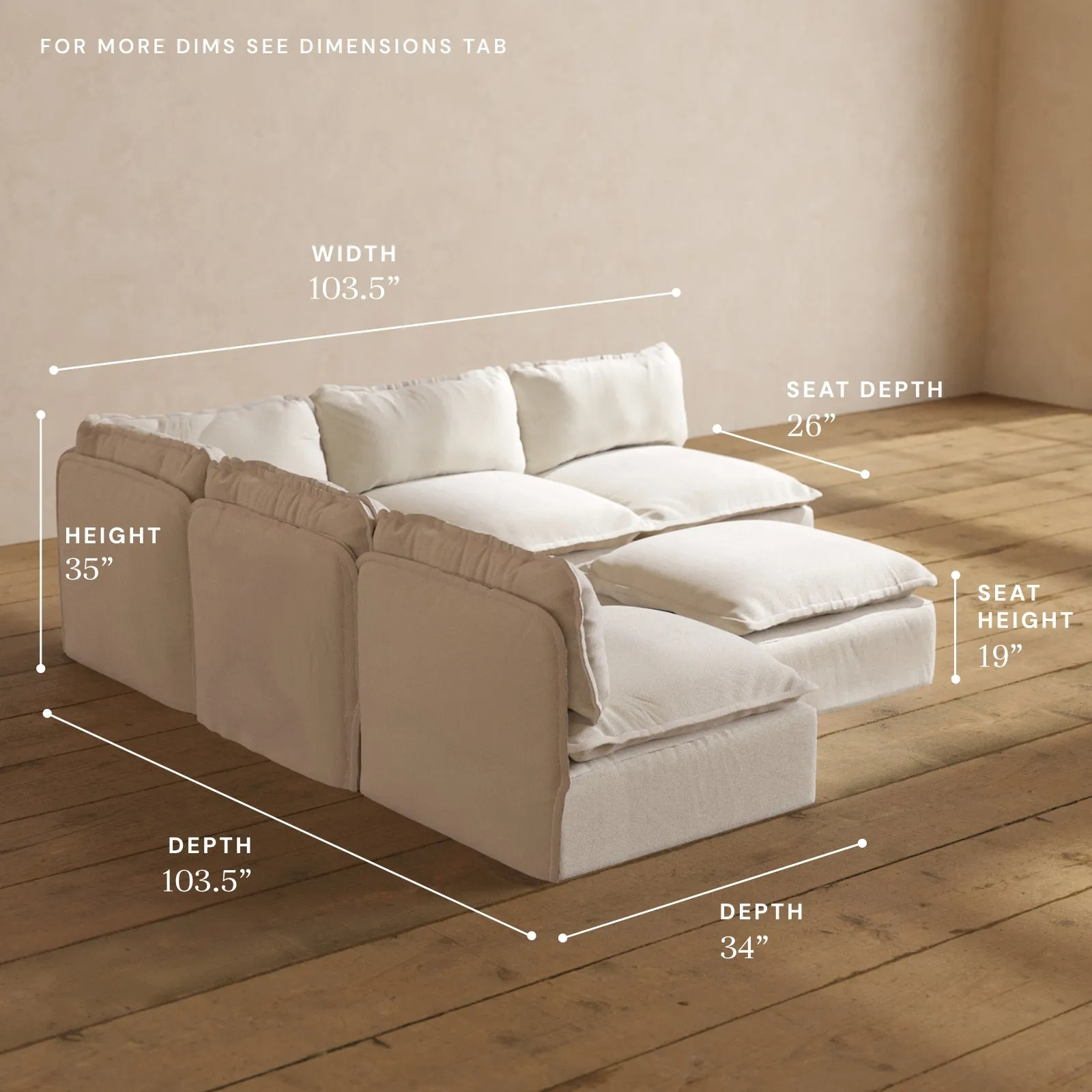 Modular Performance 5-Seater Open-Ends Corner Sectional   Ottoman in Flour | Relaxed Blend