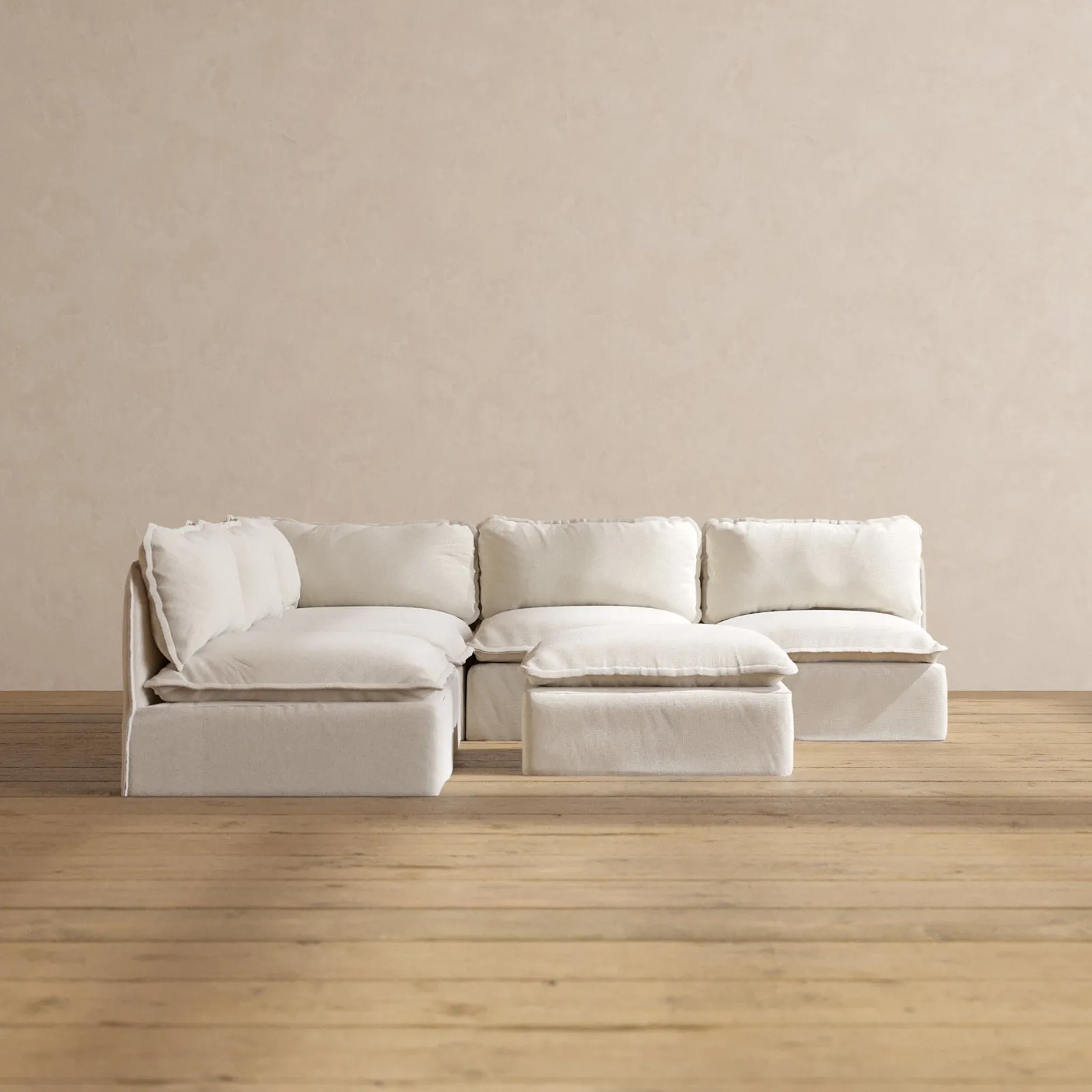 Modular Performance 5-Seater Open-Ends Corner Sectional   Ottoman in Flour | Relaxed Blend