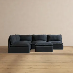 Modular Performance 5-Seater Open-Ends Corner Sectional   Ottoman in Indigo | Deluxe Blend