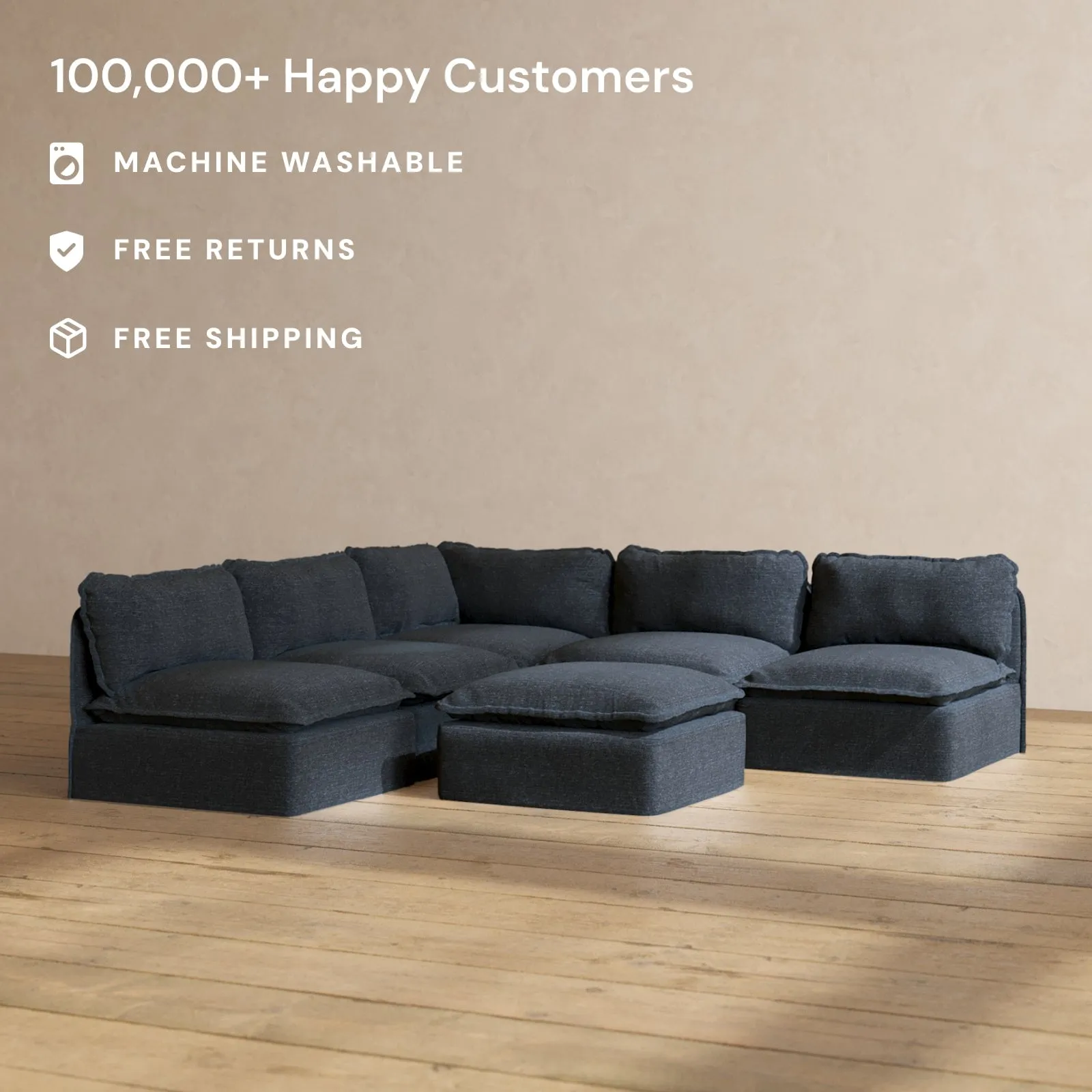 Modular Performance 5-Seater Open-Ends Corner Sectional   Ottoman in Indigo | Deluxe Blend