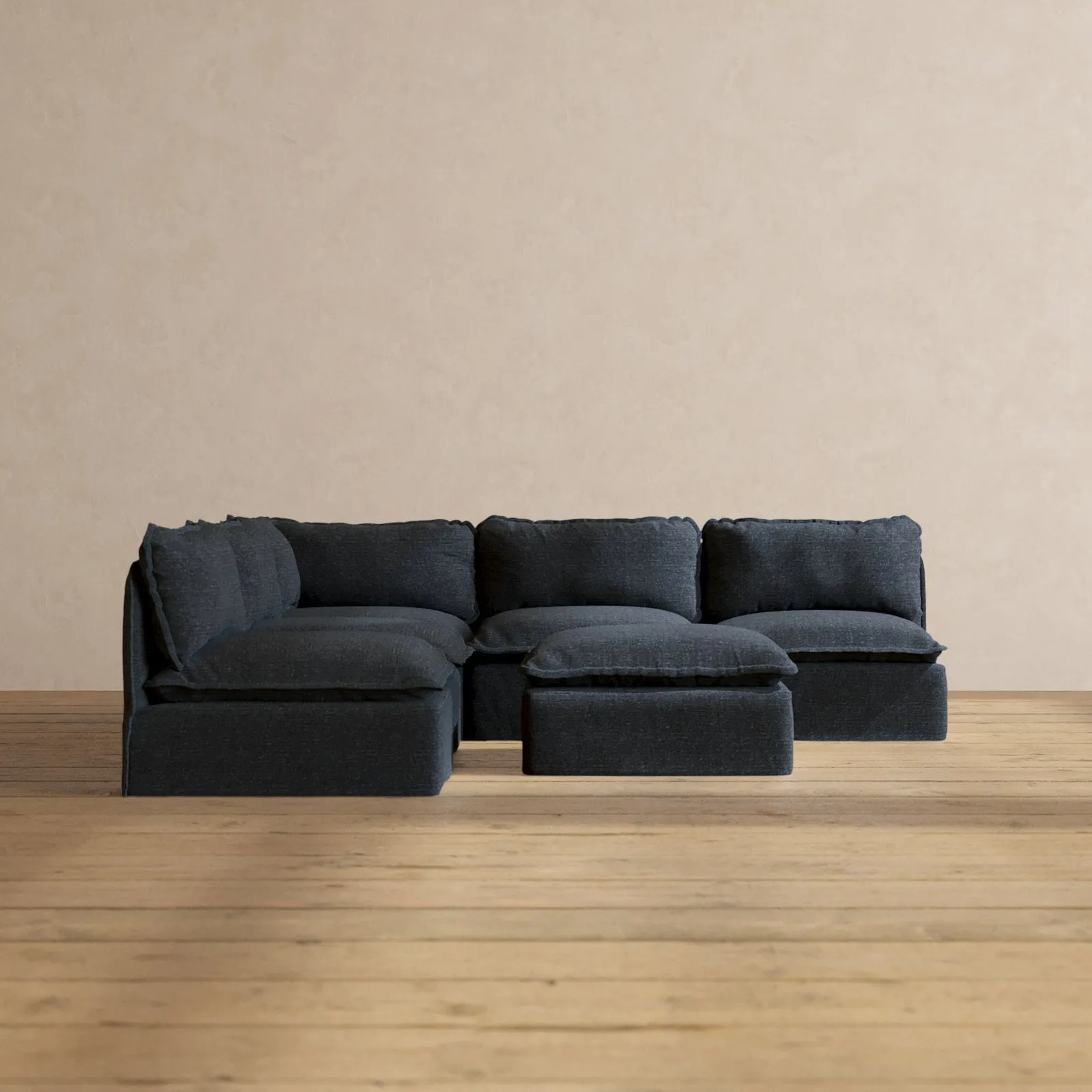 Modular Performance 5-Seater Open-Ends Corner Sectional   Ottoman in Indigo | Deluxe Blend