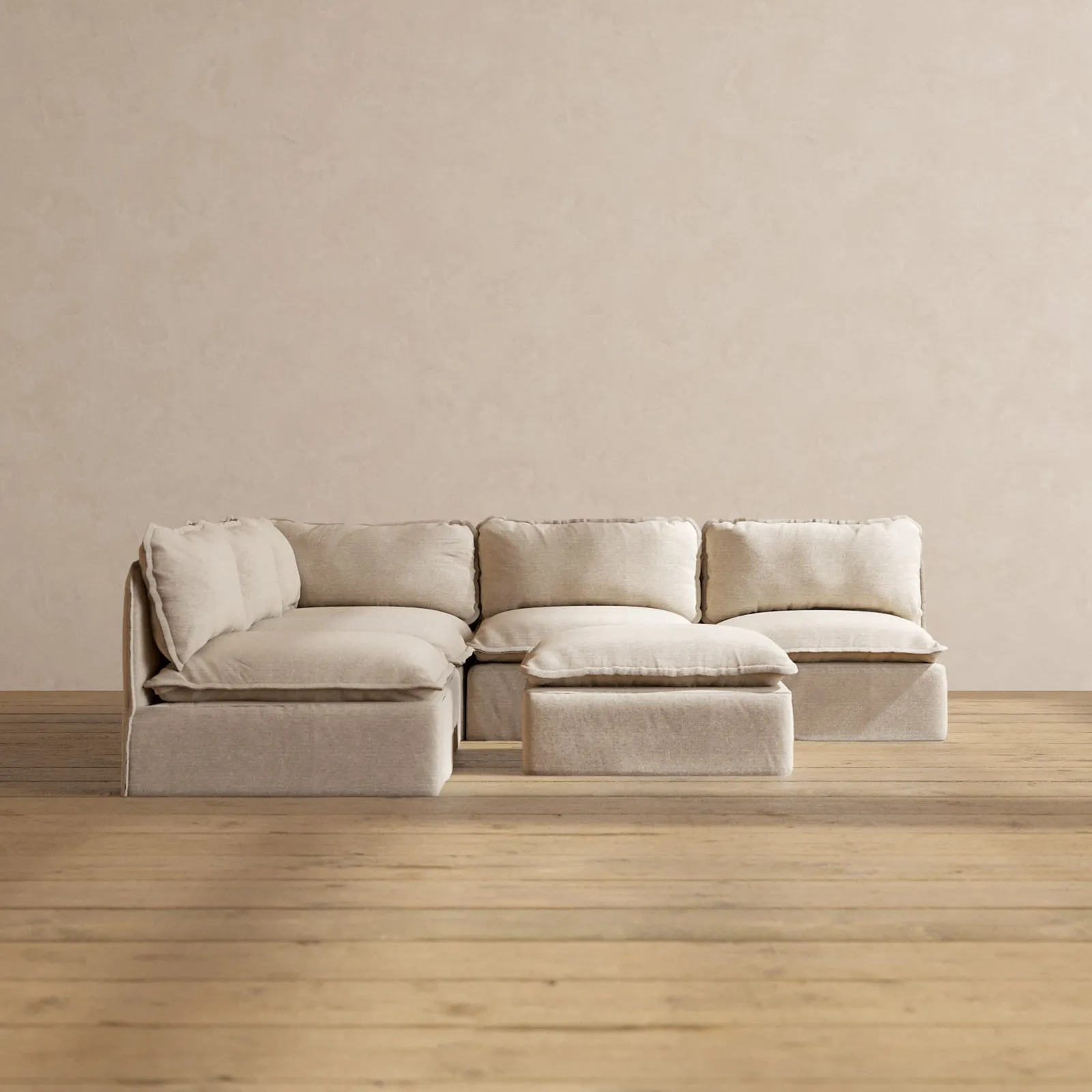 Modular Performance 5-Seater Open-Ends Corner Sectional   Ottoman in Oat | Relaxed Blend