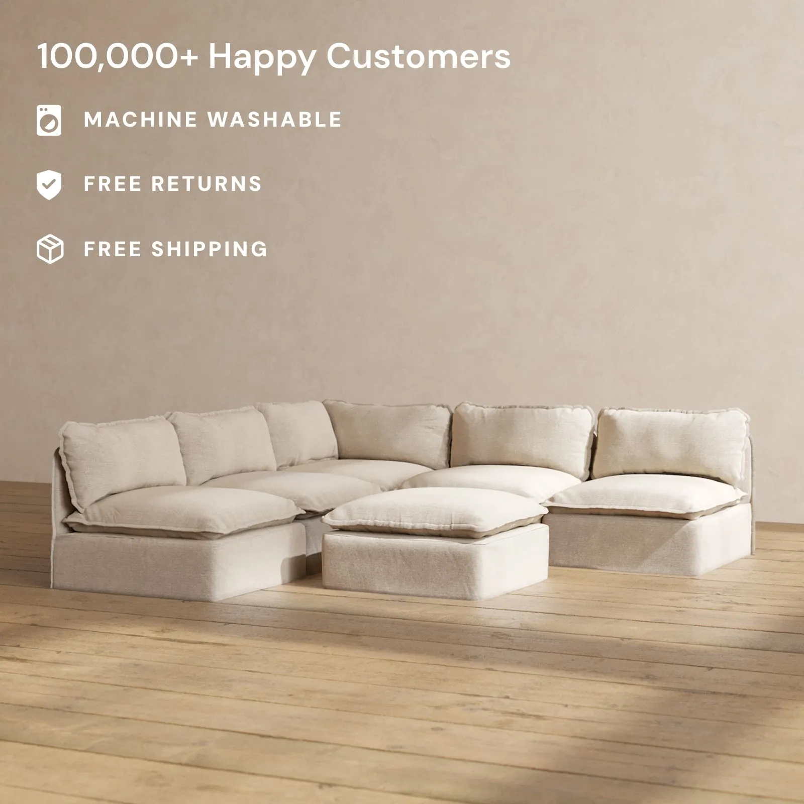 Modular Performance 5-Seater Open-Ends Corner Sectional   Ottoman in Oat | Relaxed Blend
