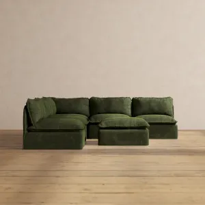Modular Performance 5-Seater Open-Ends Corner Sectional   Ottoman in Olive | Deluxe Blend