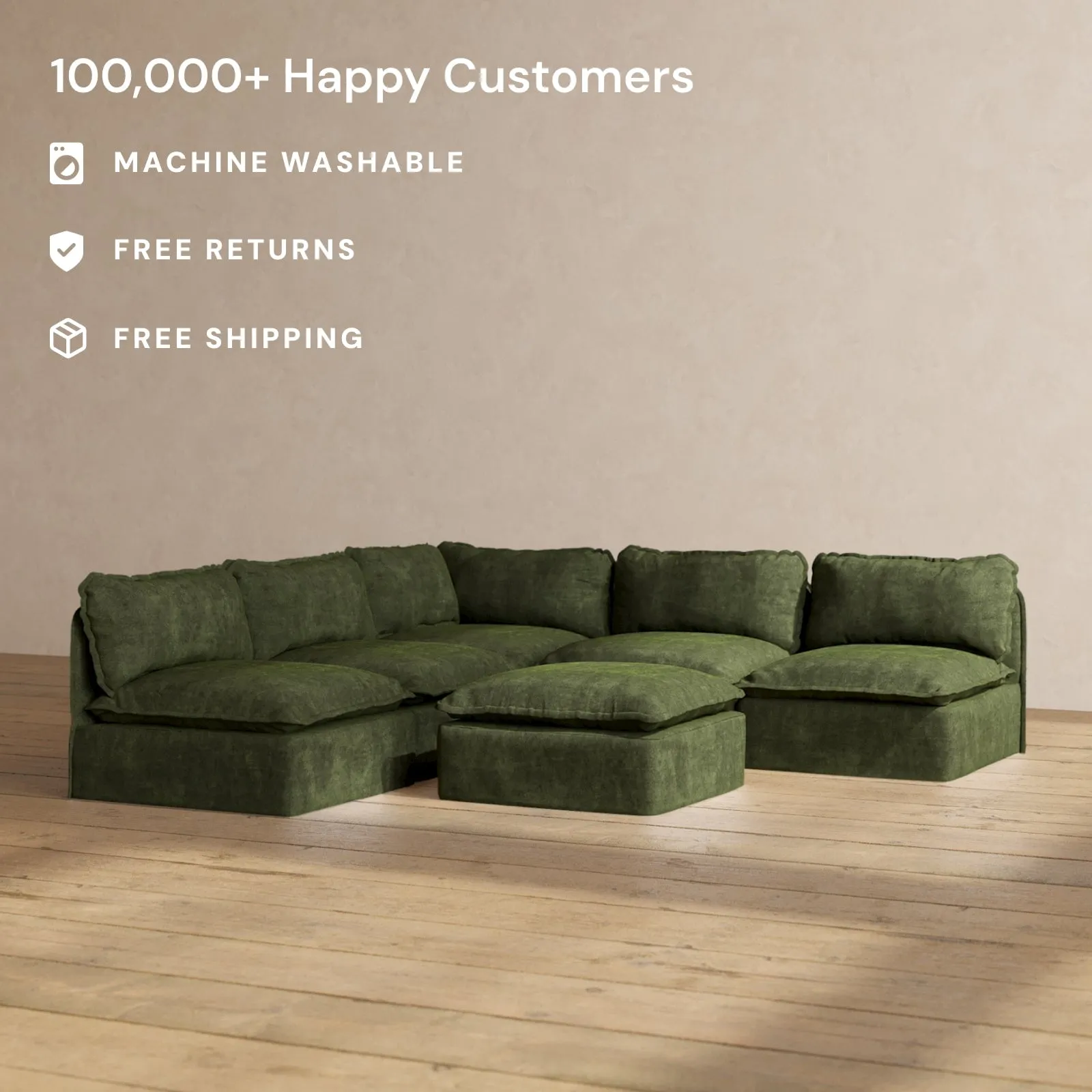 Modular Performance 5-Seater Open-Ends Corner Sectional   Ottoman in Olive | Deluxe Blend