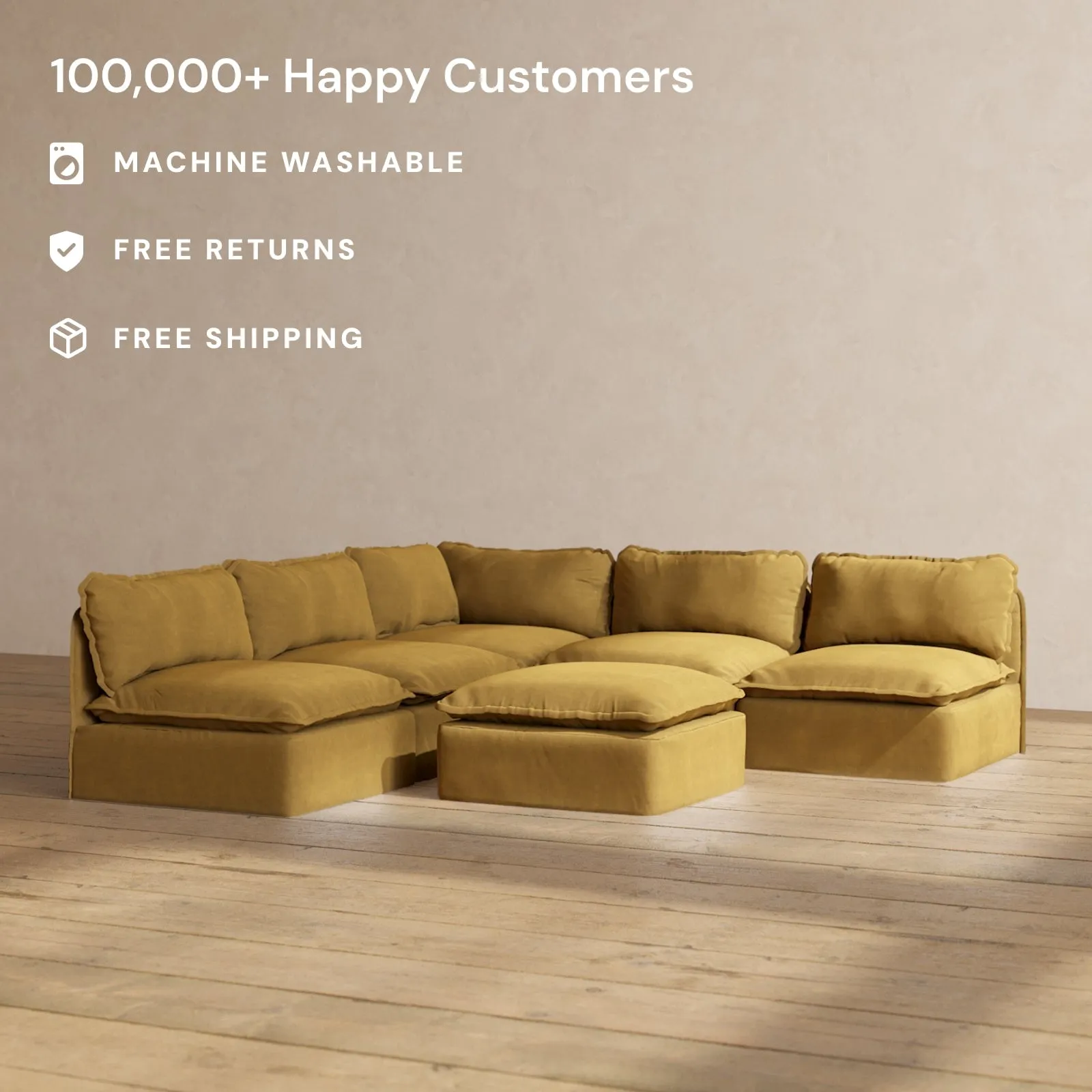 Modular Performance 5-Seater Open-Ends Corner Sectional   Ottoman in Toffee | Relaxed Blend