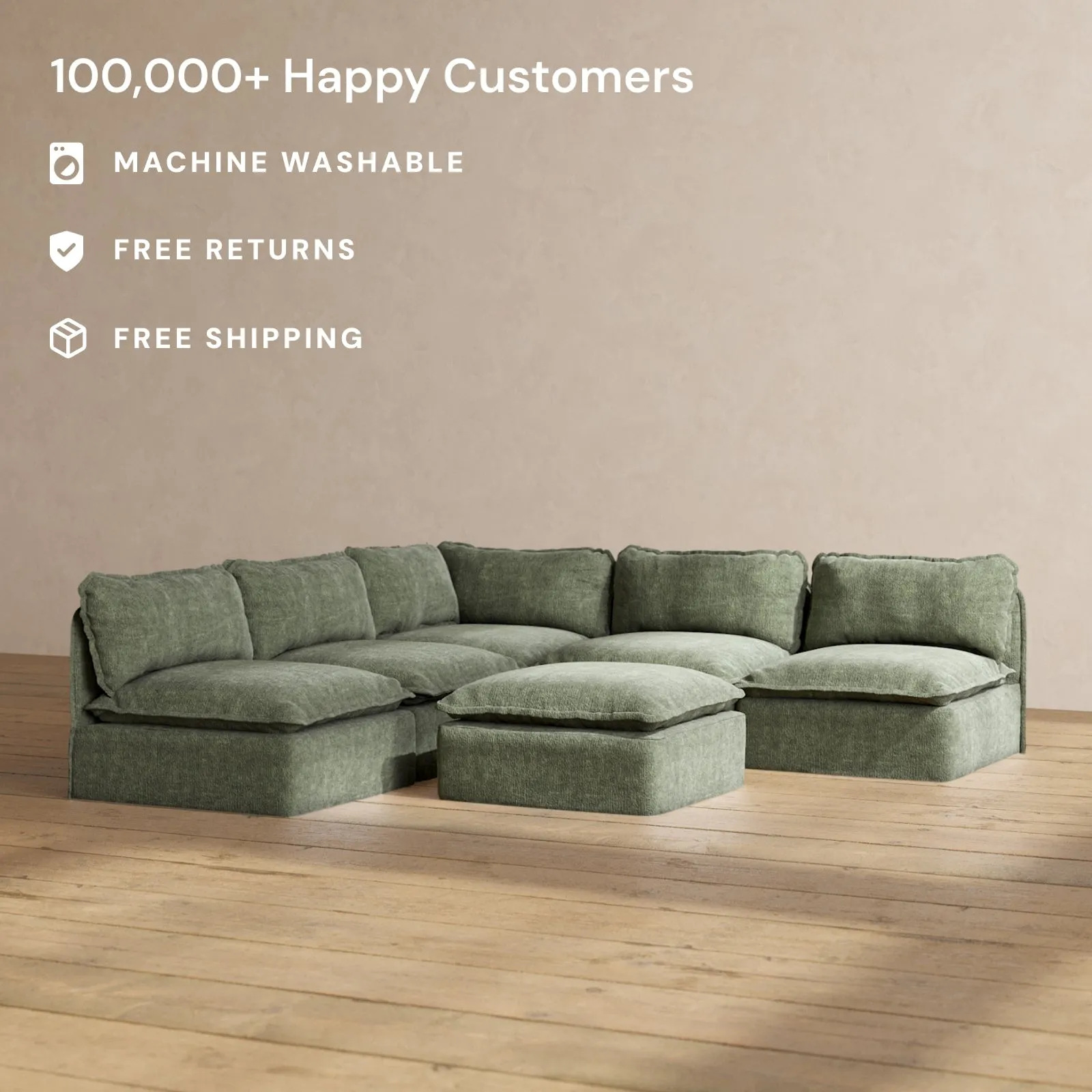 Modular Performance 5-Seater Open-Ends Corner Sectional   Ottoman in Willow | Relaxed Blend