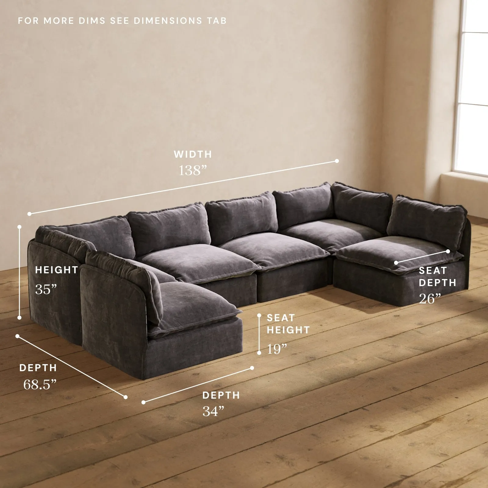 Modular Performance 6-Seater Open-Ends U-Sectional in Cinder | Deluxe Blend