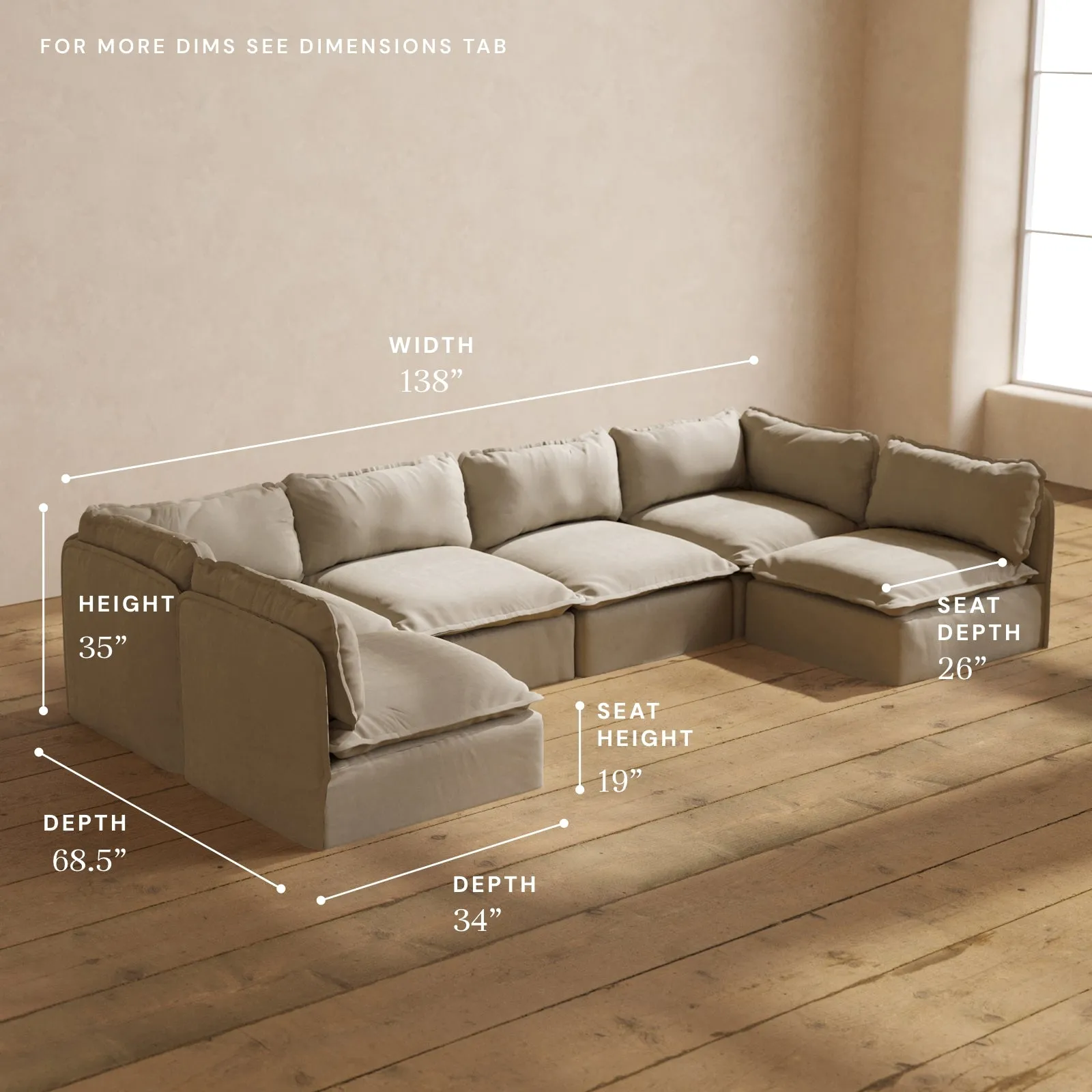 Modular Performance 6-Seater Open-Ends U-Sectional in Dune | Relaxed Blend