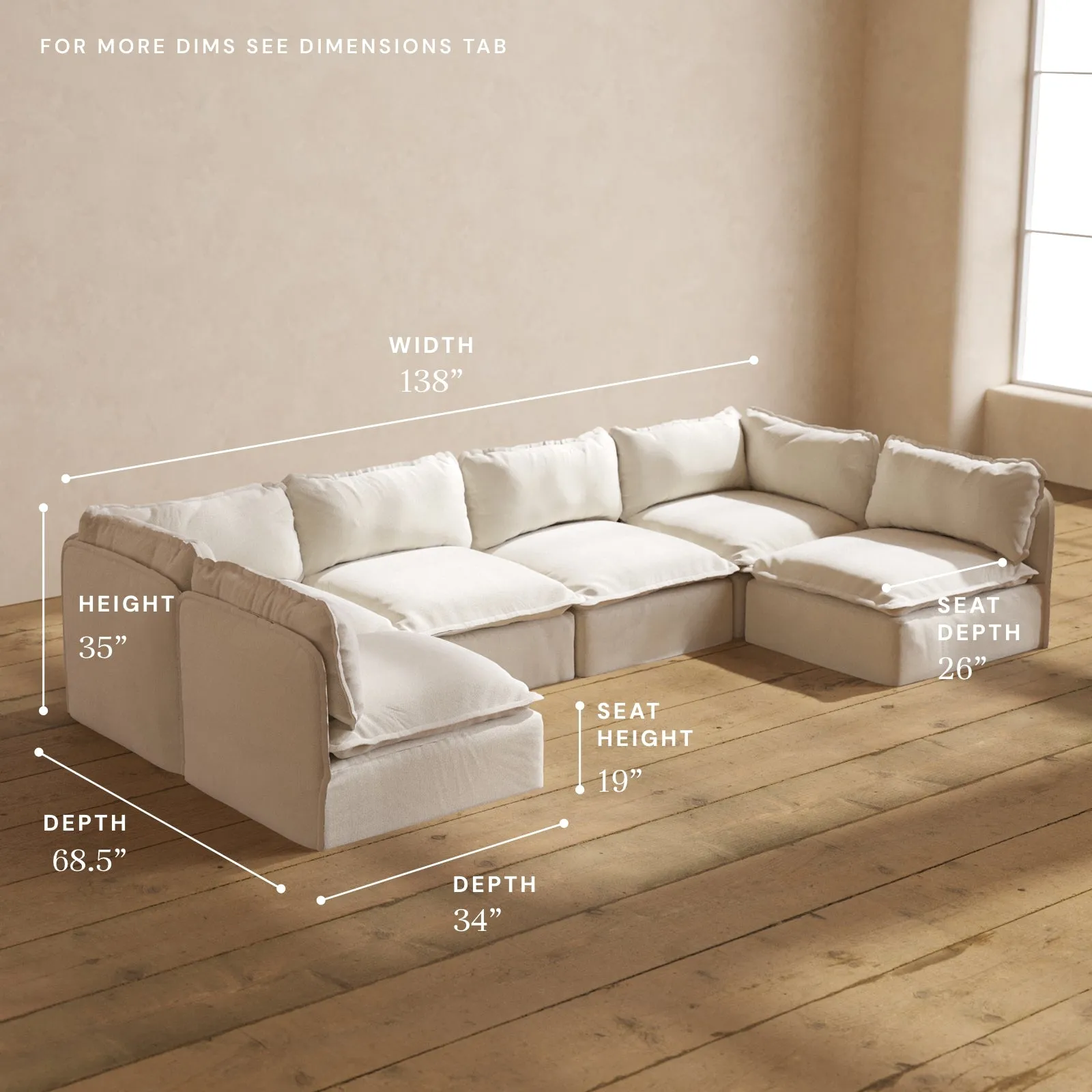 Modular Performance 6-Seater Open-Ends U-Sectional in Flour | Relaxed Blend