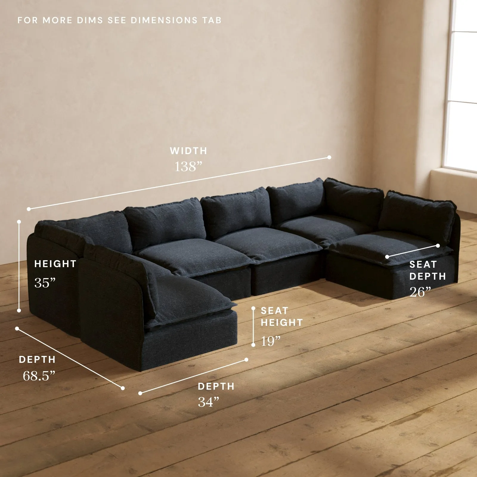Modular Performance 6-Seater Open-Ends U-Sectional in Indigo | Relaxed Blend