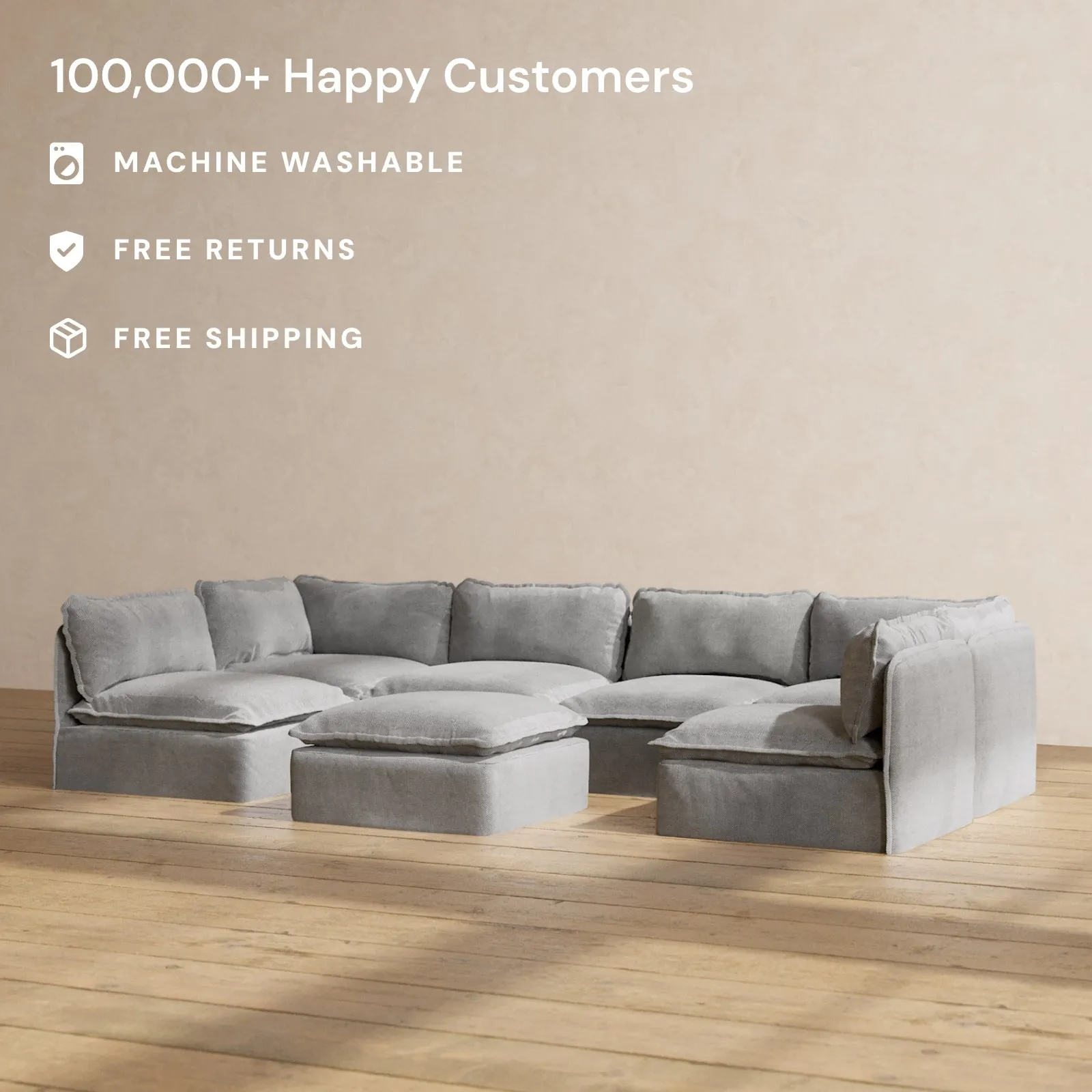 Modular Performance 6-Seater Open-Ends U-Sectional   Ottoman in Ash | Deluxe Blend