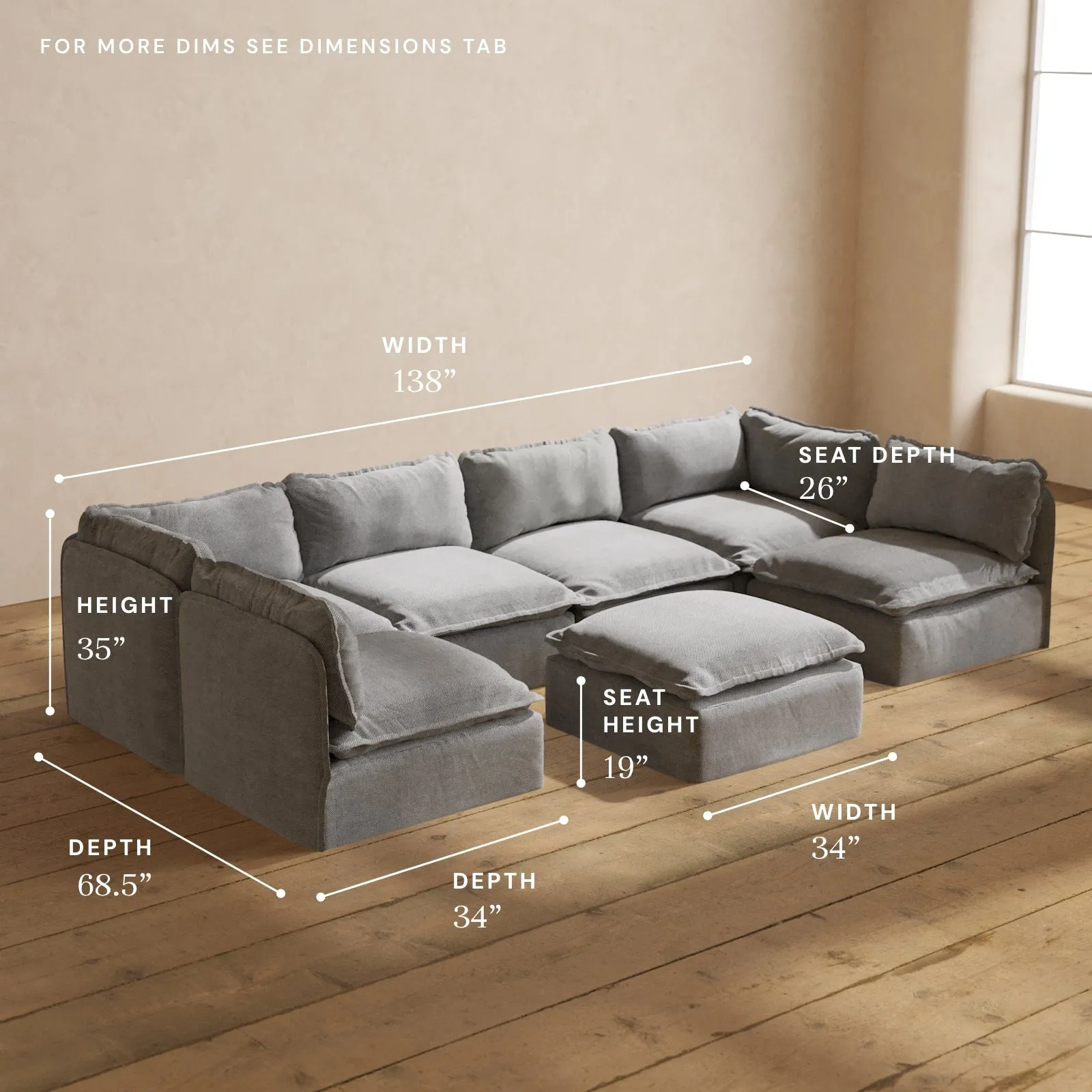 Modular Performance 6-Seater Open-Ends U-Sectional   Ottoman in Ash | Deluxe Blend