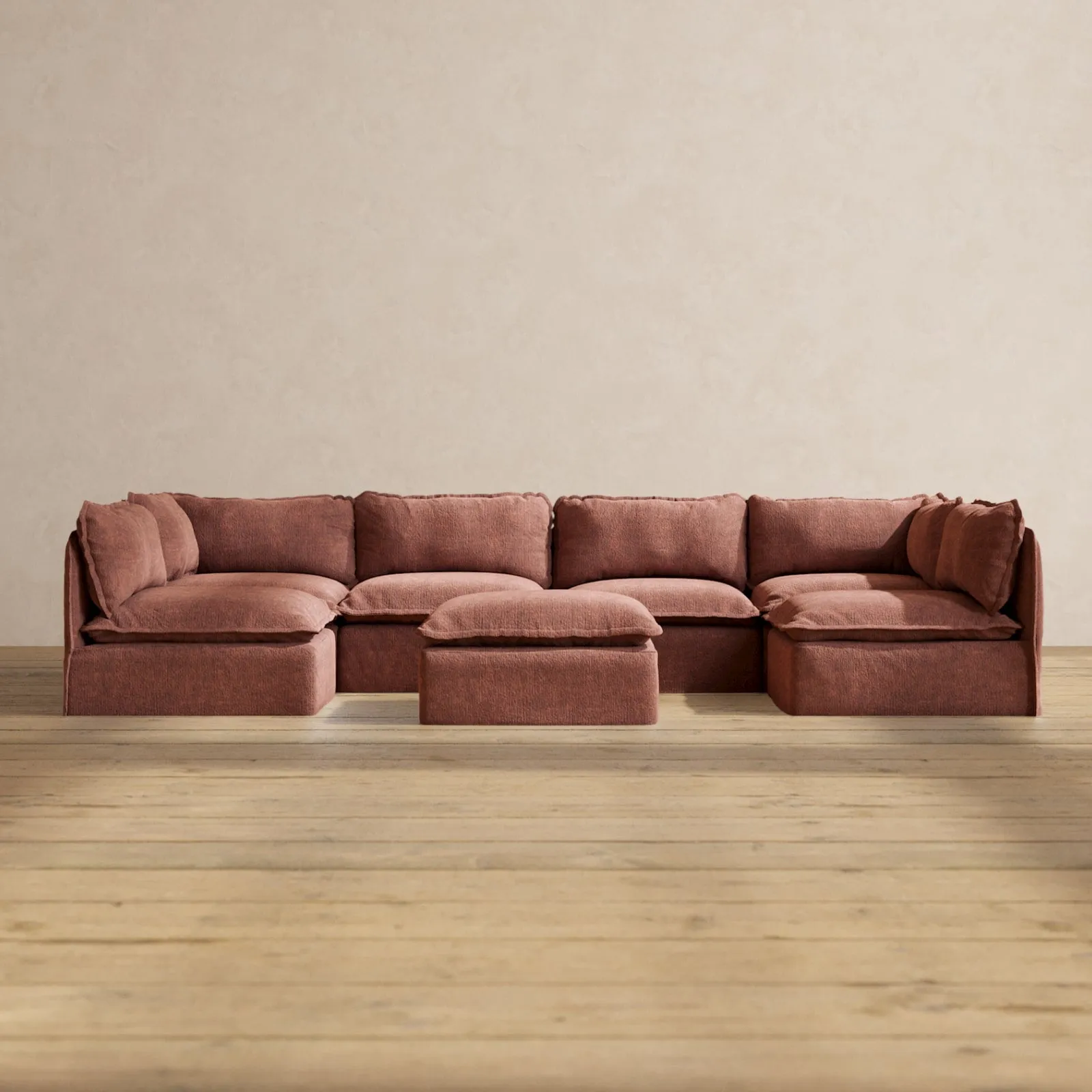 Modular Performance 6-Seater Open-Ends U-Sectional   Ottoman in Chestnut | Relaxed Blend