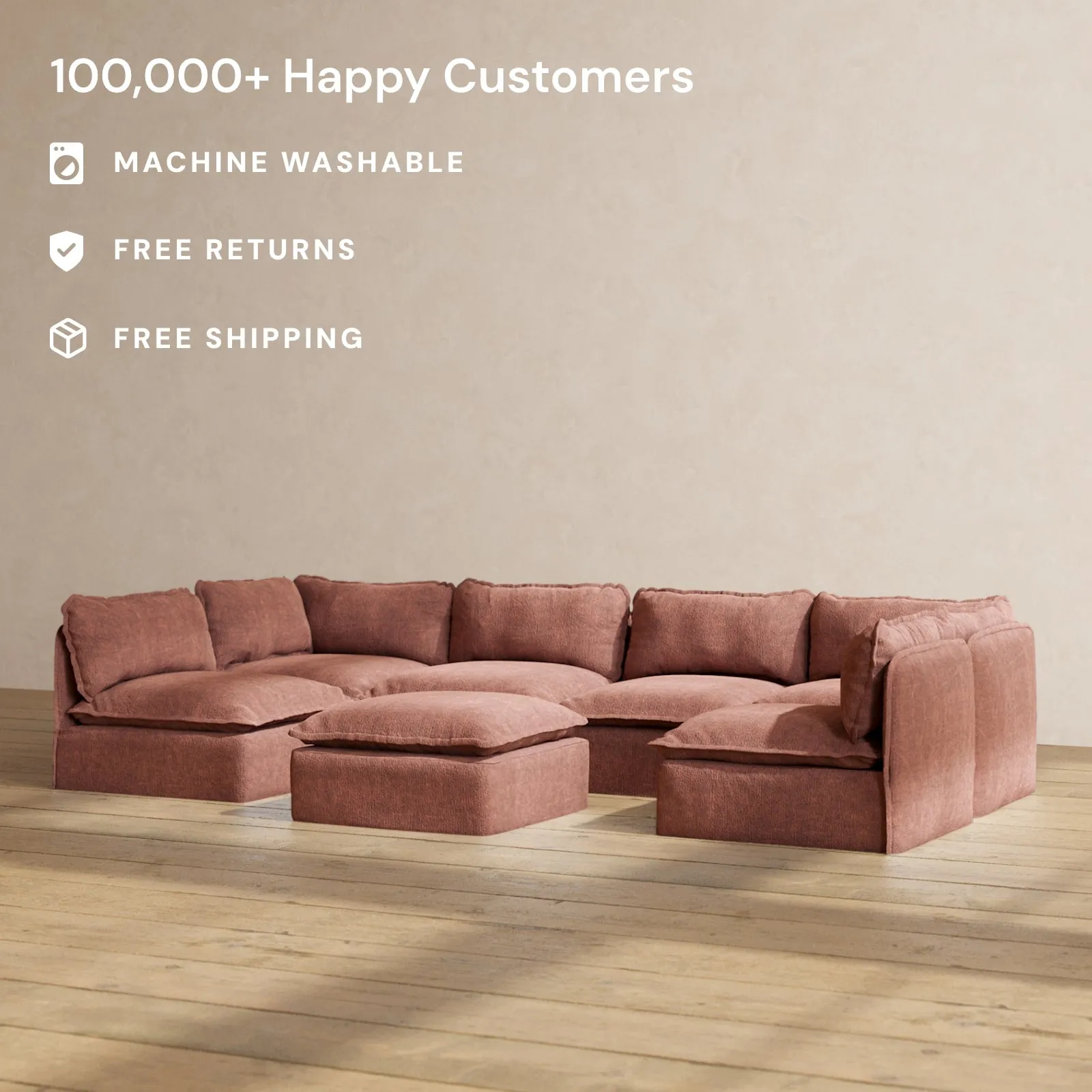 Modular Performance 6-Seater Open-Ends U-Sectional   Ottoman in Chestnut | Relaxed Blend