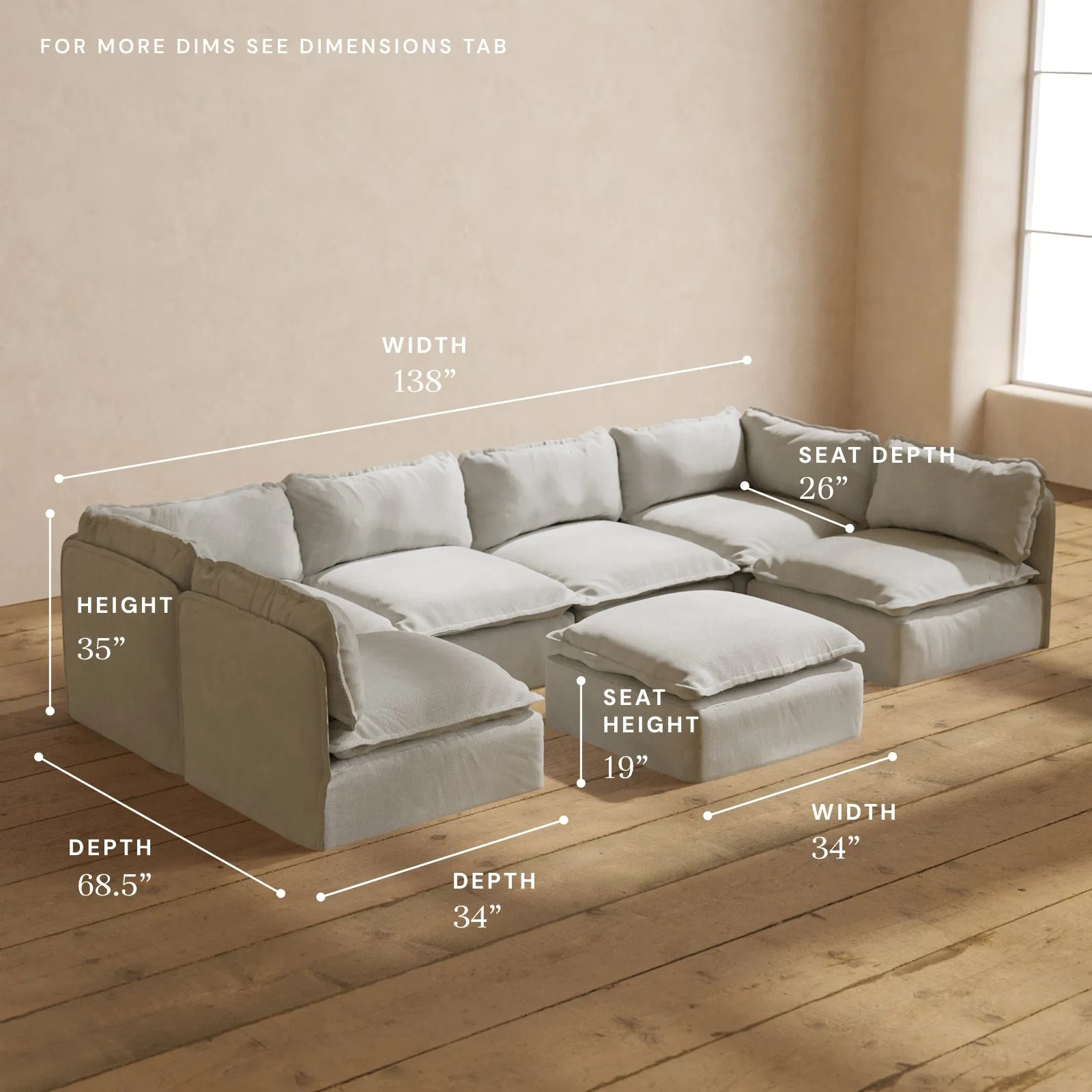 Modular Performance 6-Seater Open-Ends U-Sectional   Ottoman in Cloud | Relaxed Blend