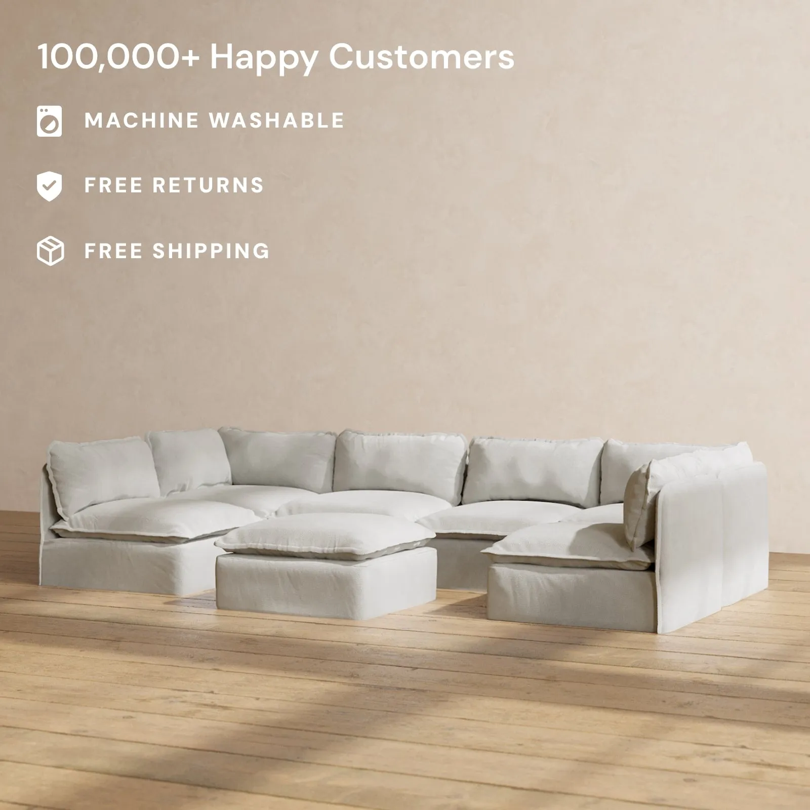 Modular Performance 6-Seater Open-Ends U-Sectional   Ottoman in Cloud | Relaxed Blend