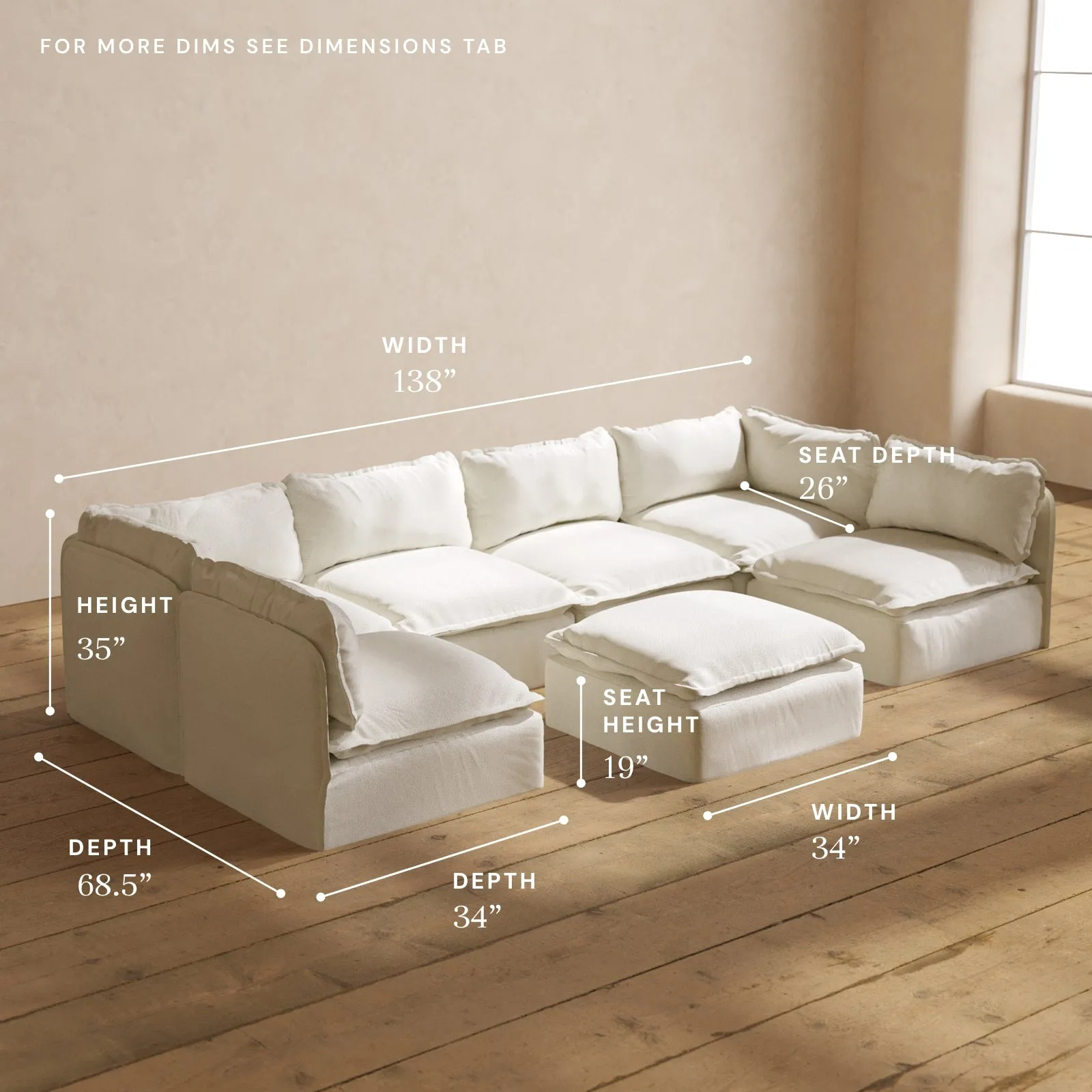 Modular Performance 6-Seater Open-Ends U-Sectional   Ottoman in Eggshell | Deluxe Blend