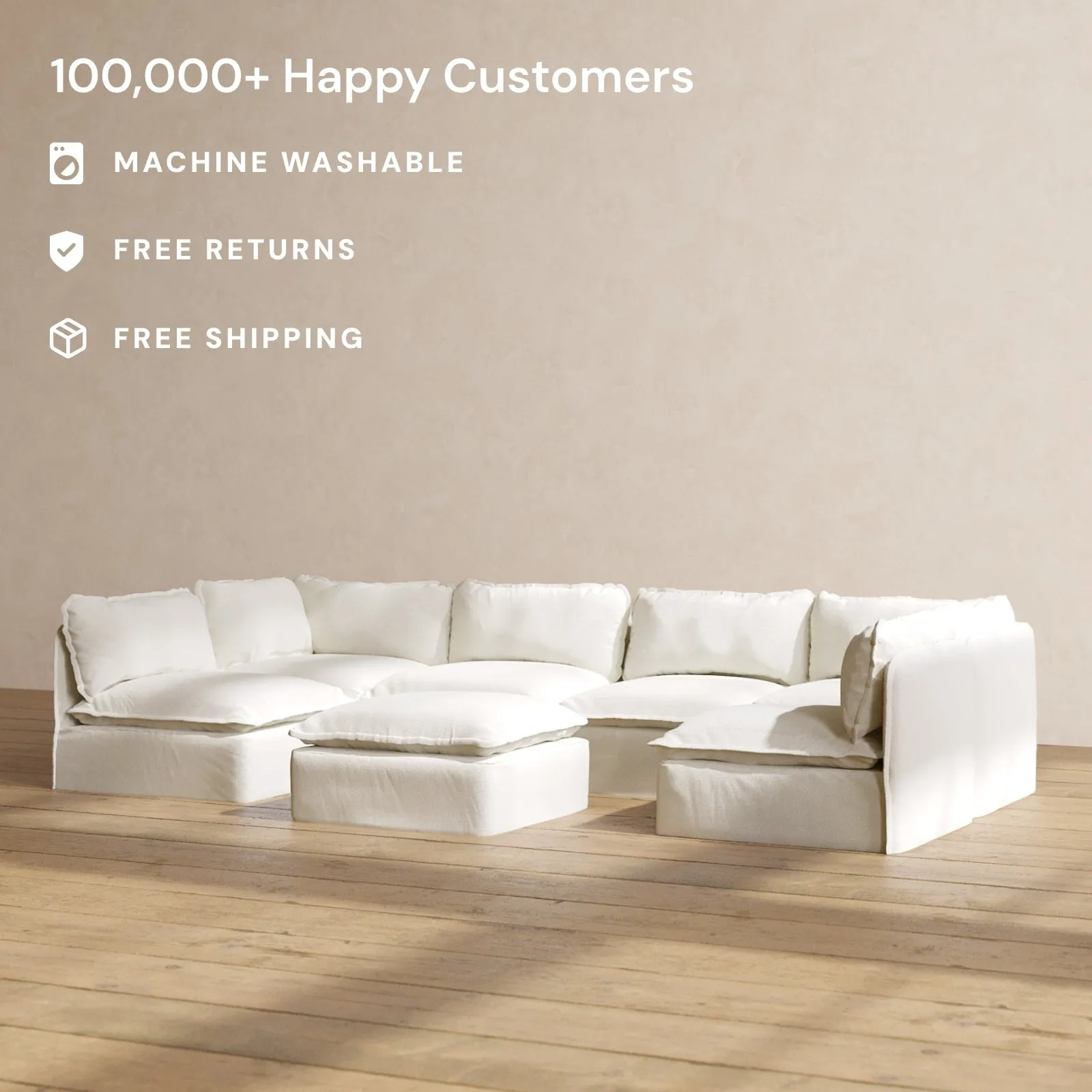 Modular Performance 6-Seater Open-Ends U-Sectional   Ottoman in Eggshell | Deluxe Blend
