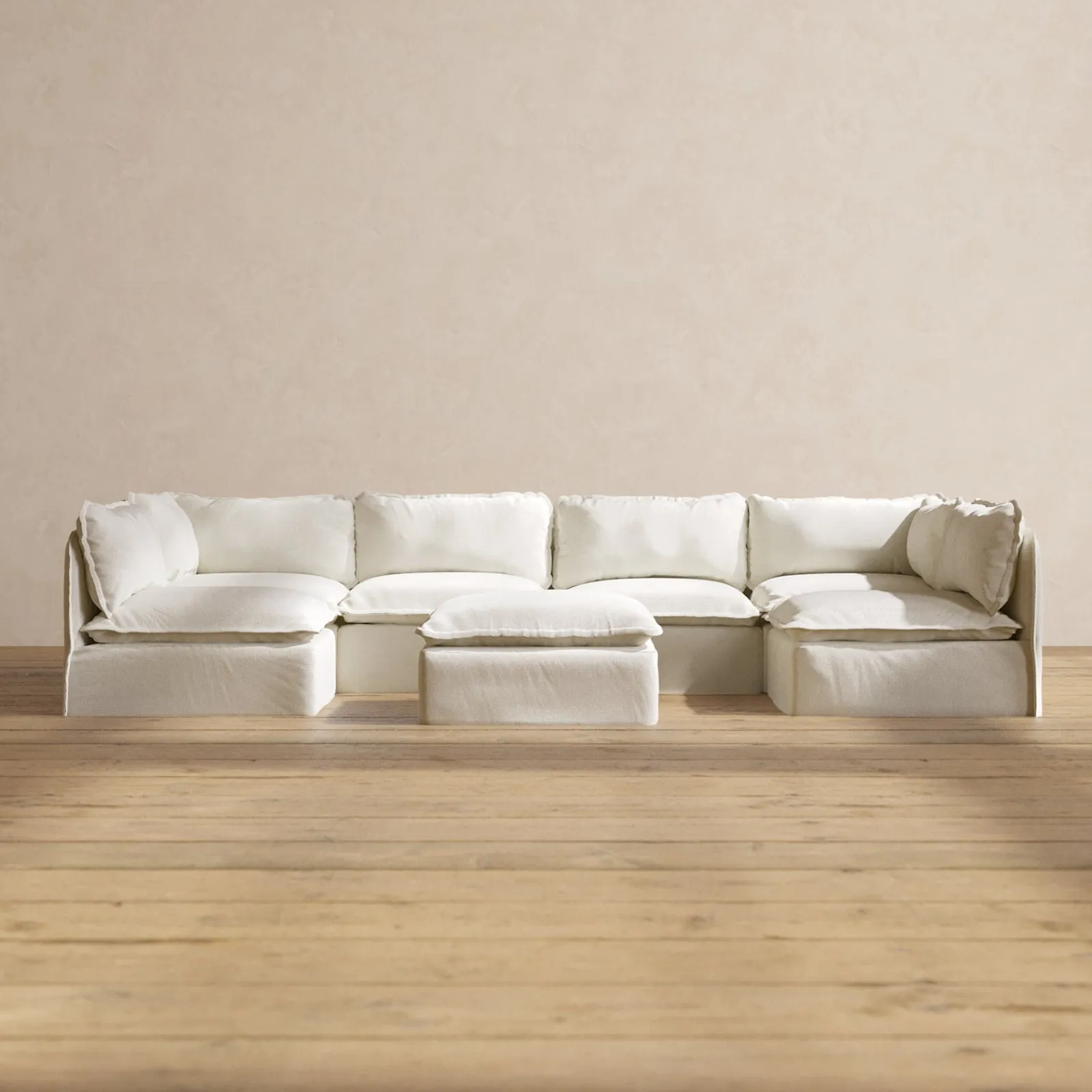 Modular Performance 6-Seater Open-Ends U-Sectional   Ottoman in Eggshell | Deluxe Blend