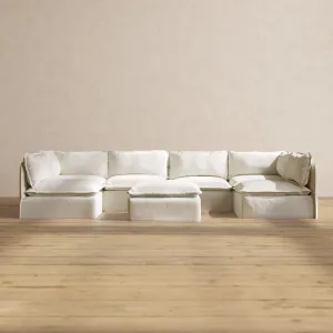 Modular Performance 6-Seater Open-Ends U-Sectional   Ottoman in Eggshell | Relaxed Blend