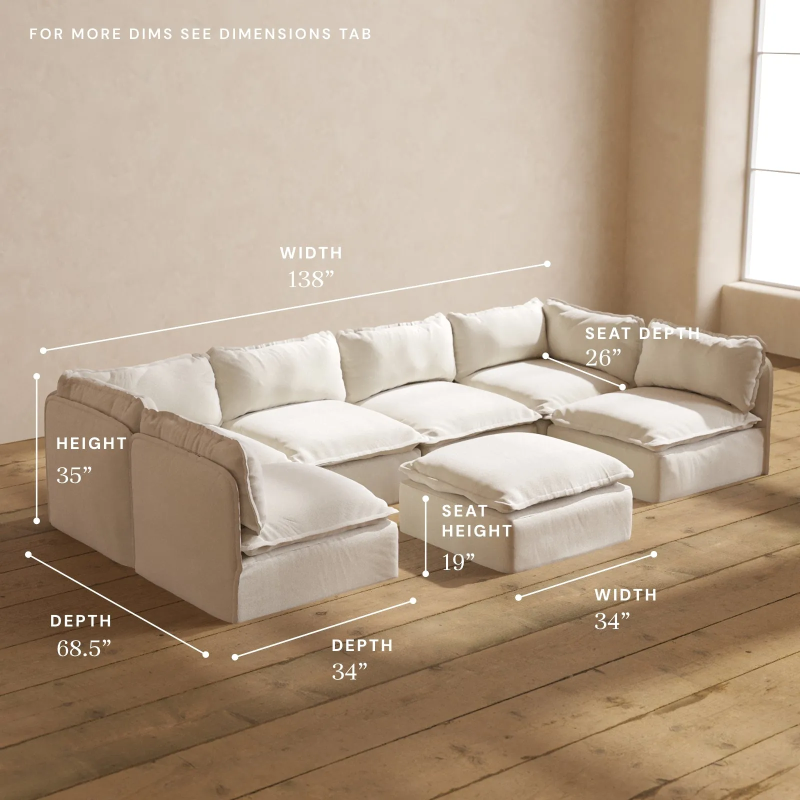 Modular Performance 6-Seater Open-Ends U-Sectional   Ottoman in Flour | Deluxe Blend