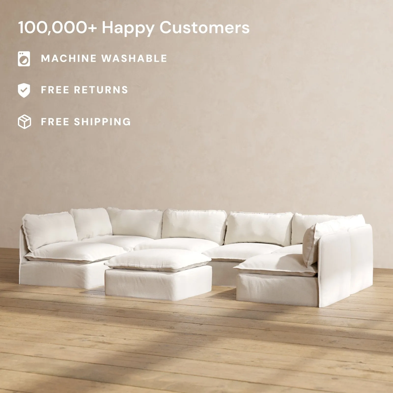 Modular Performance 6-Seater Open-Ends U-Sectional   Ottoman in Flour | Deluxe Blend