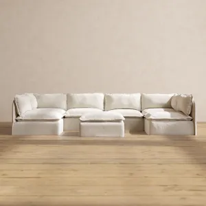 Modular Performance 6-Seater Open-Ends U-Sectional   Ottoman in Flour | Deluxe Blend