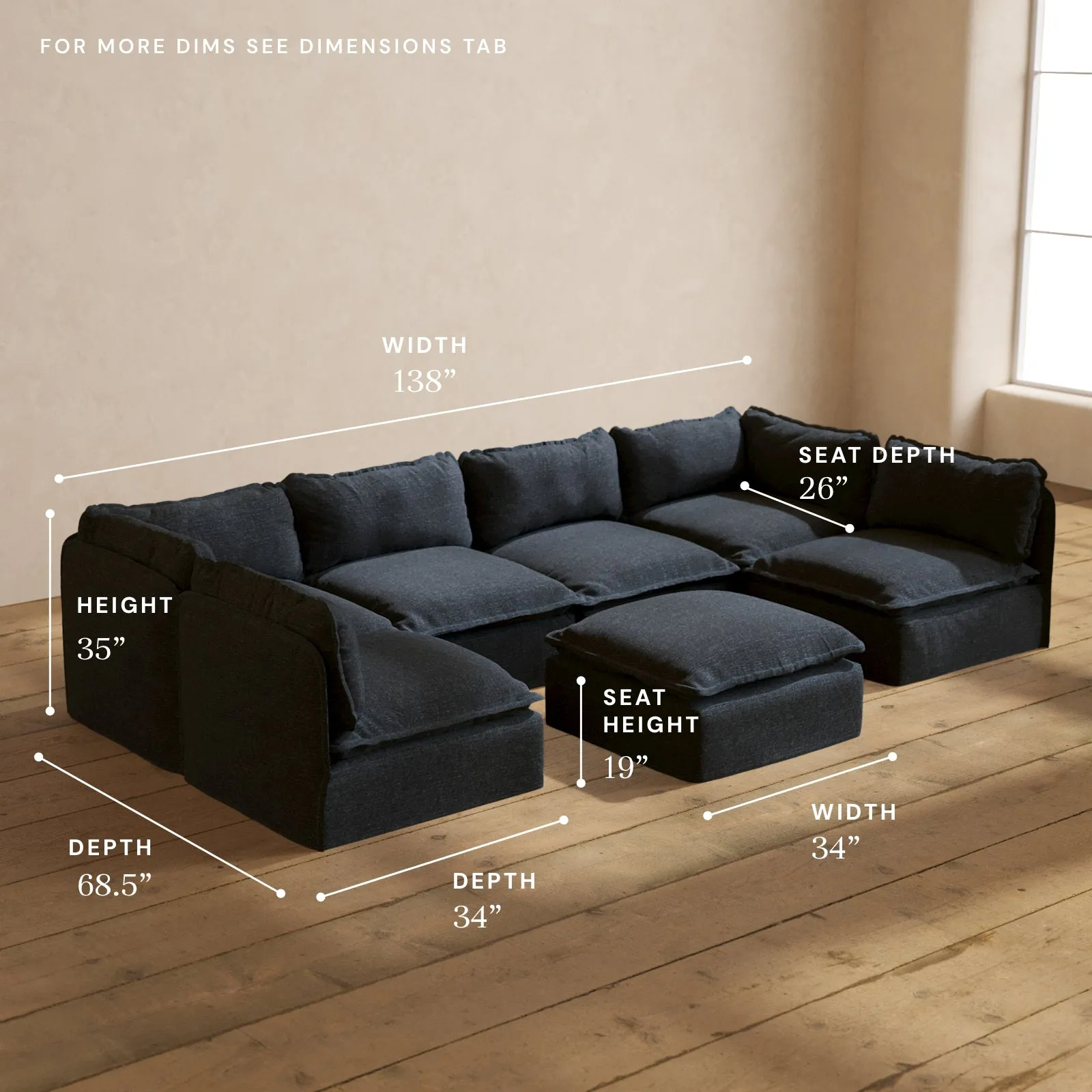 Modular Performance 6-Seater Open-Ends U-Sectional   Ottoman in Indigo | Relaxed Blend