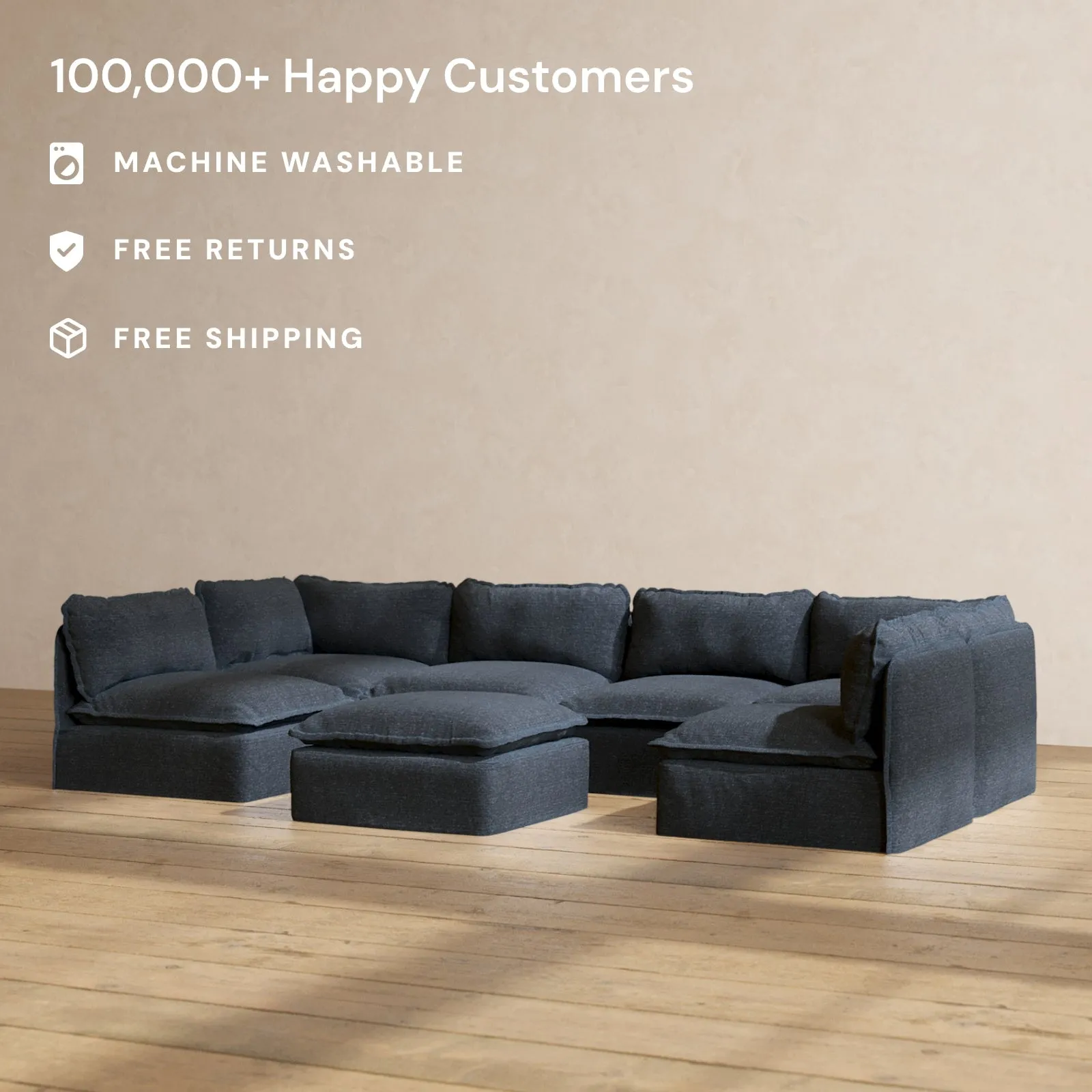 Modular Performance 6-Seater Open-Ends U-Sectional   Ottoman in Indigo | Relaxed Blend