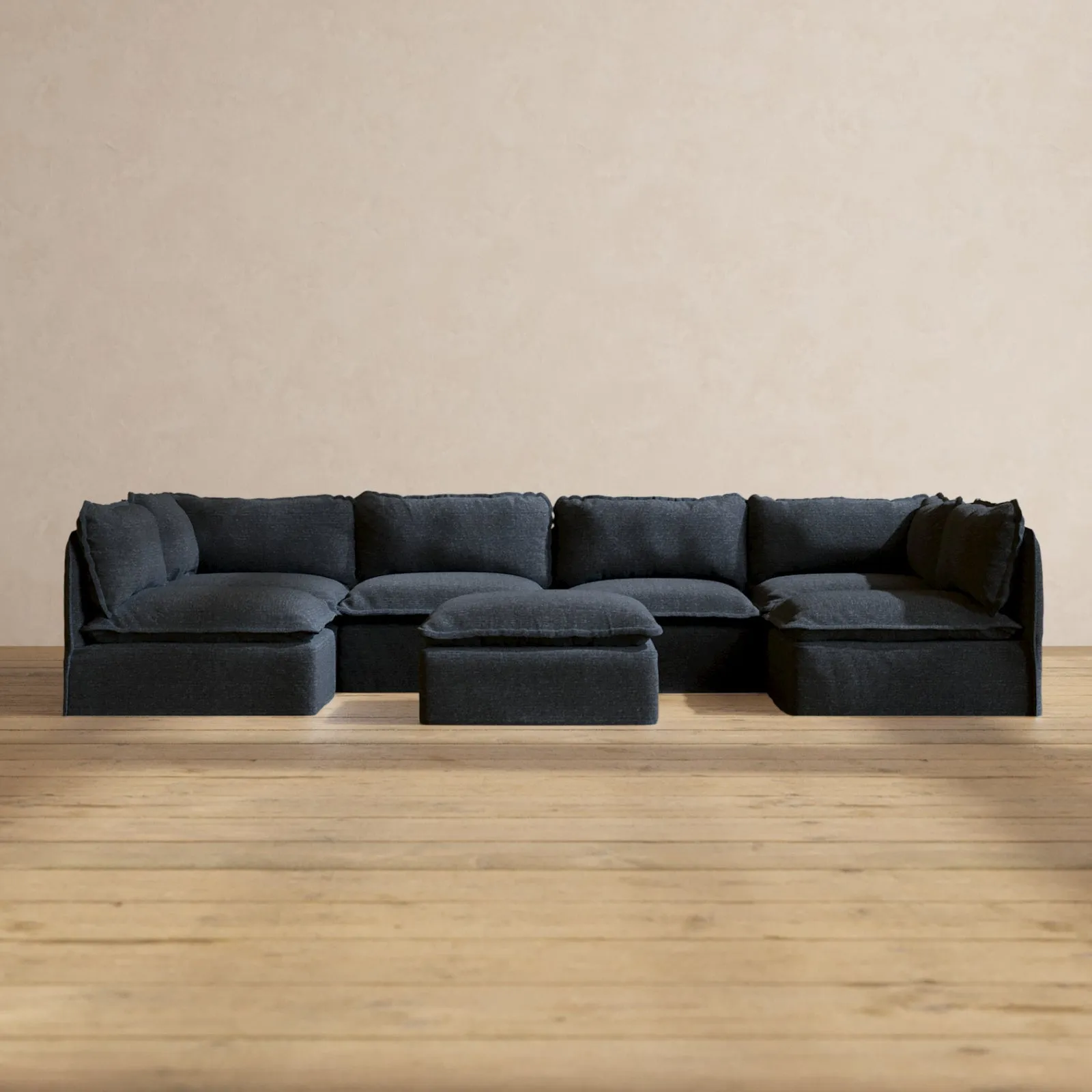 Modular Performance 6-Seater Open-Ends U-Sectional   Ottoman in Indigo | Relaxed Blend