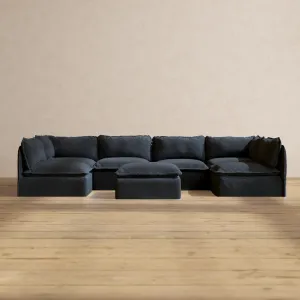 Modular Performance 6-Seater Open-Ends U-Sectional   Ottoman in Indigo | Relaxed Blend