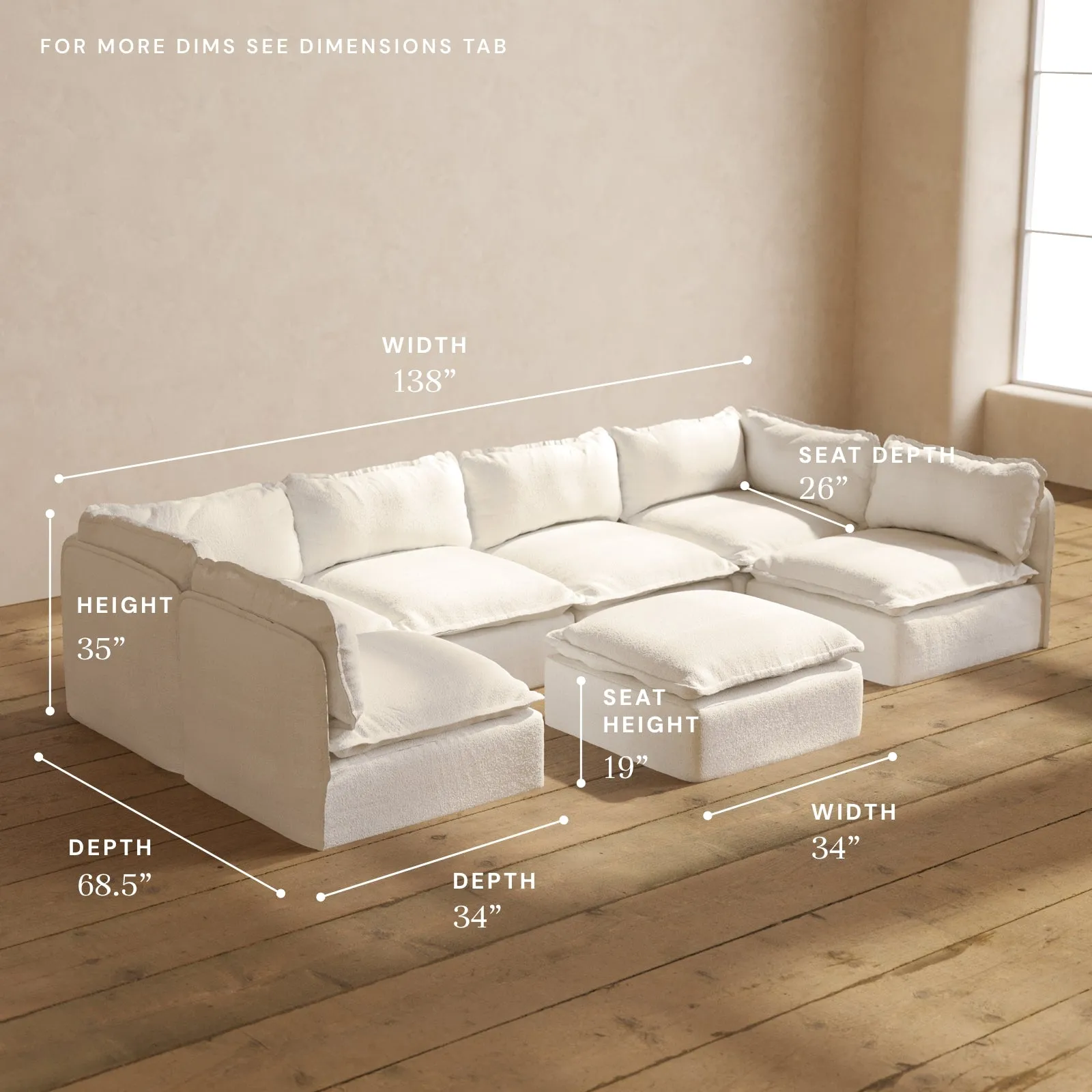 Modular Performance 6-Seater Open-Ends U-Sectional   Ottoman in Mousse | Deluxe Blend