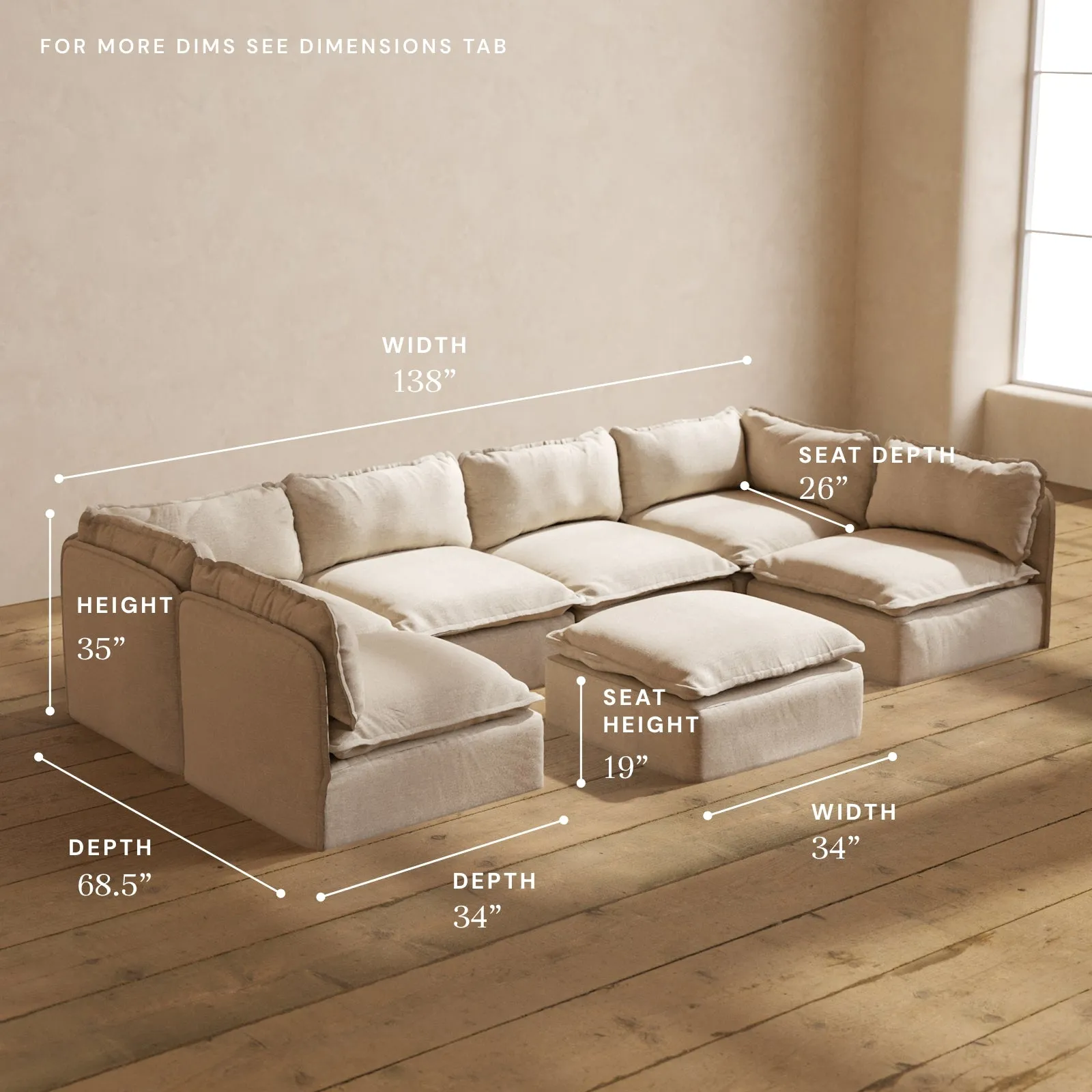 Modular Performance 6-Seater Open-Ends U-Sectional   Ottoman in Oat | Deluxe Blend