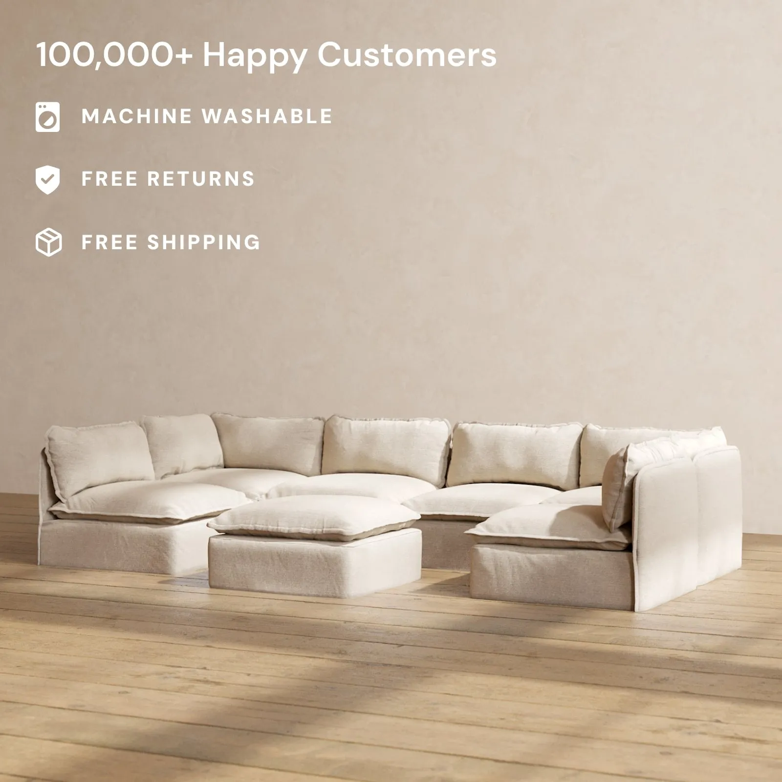 Modular Performance 6-Seater Open-Ends U-Sectional   Ottoman in Oat | Deluxe Blend