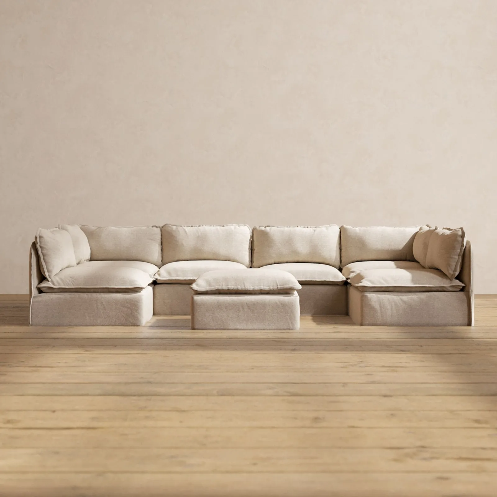 Modular Performance 6-Seater Open-Ends U-Sectional   Ottoman in Oat | Deluxe Blend