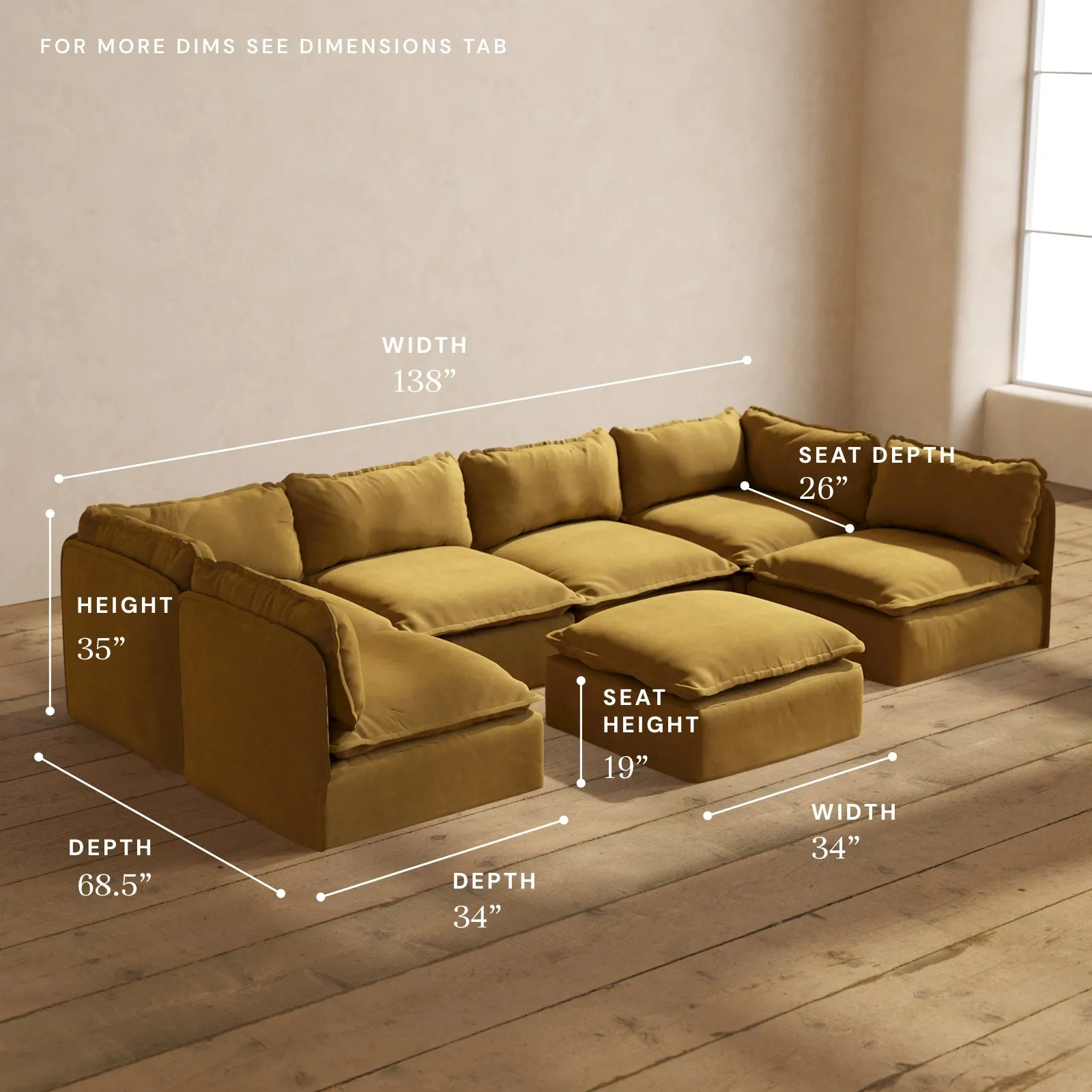 Modular Performance 6-Seater Open-Ends U-Sectional   Ottoman in Toffee | Deluxe Blend