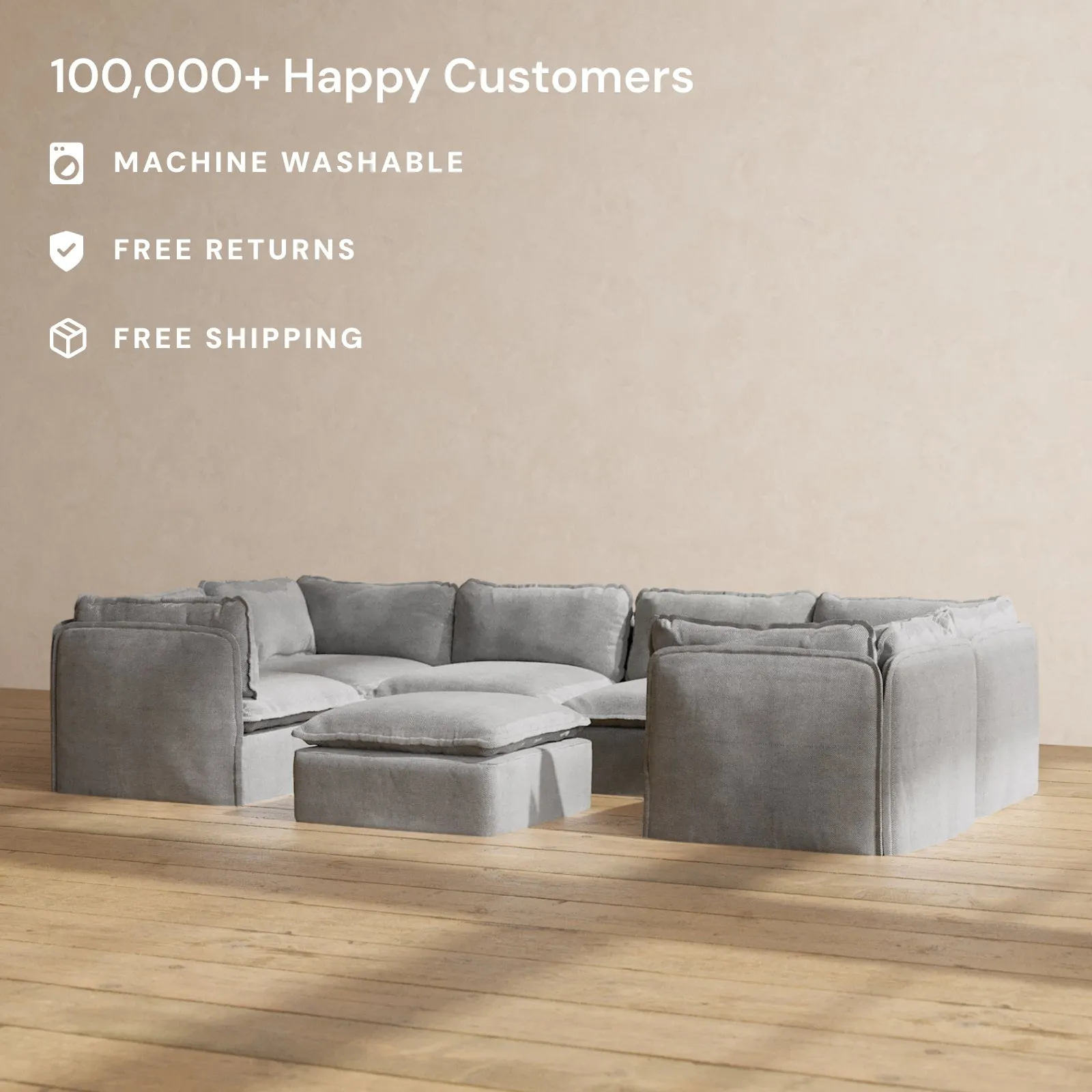 Modular Performance 6-Seater U-Sectional   Ottoman in Ash | Deluxe Blend