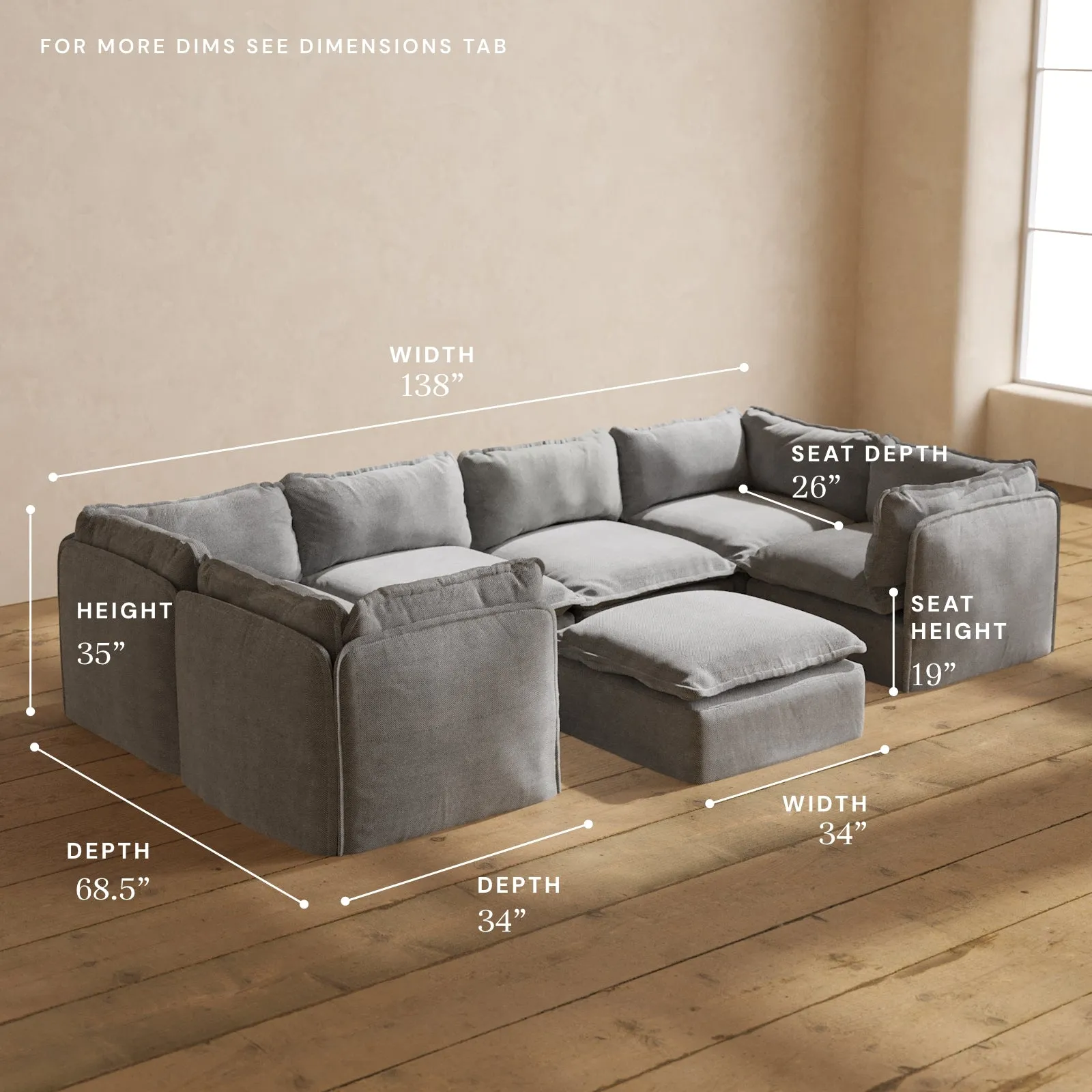 Modular Performance 6-Seater U-Sectional   Ottoman in Ash | Deluxe Blend