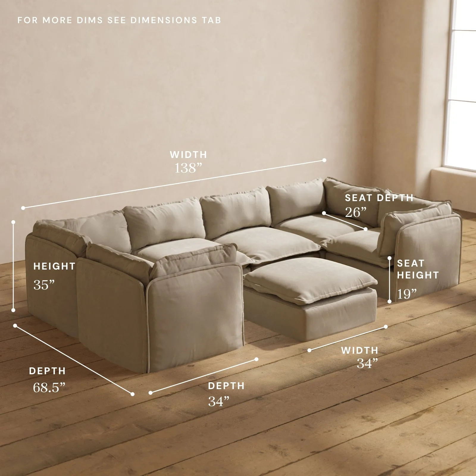 Modular Performance 6-Seater U-Sectional   Ottoman in Dune | Relaxed Blend