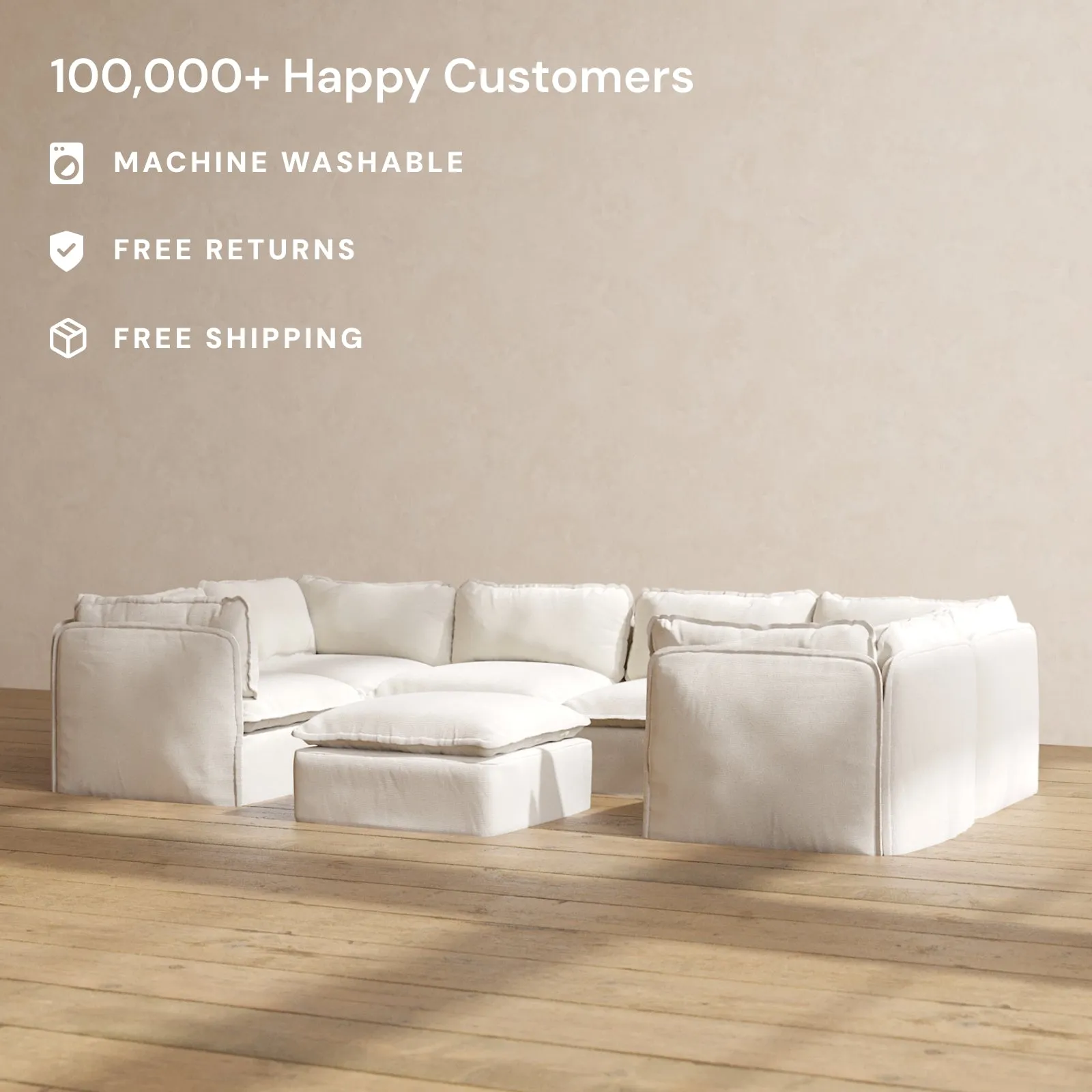 Modular Performance 6-Seater U-Sectional   Ottoman in Flour | Relaxed Blend