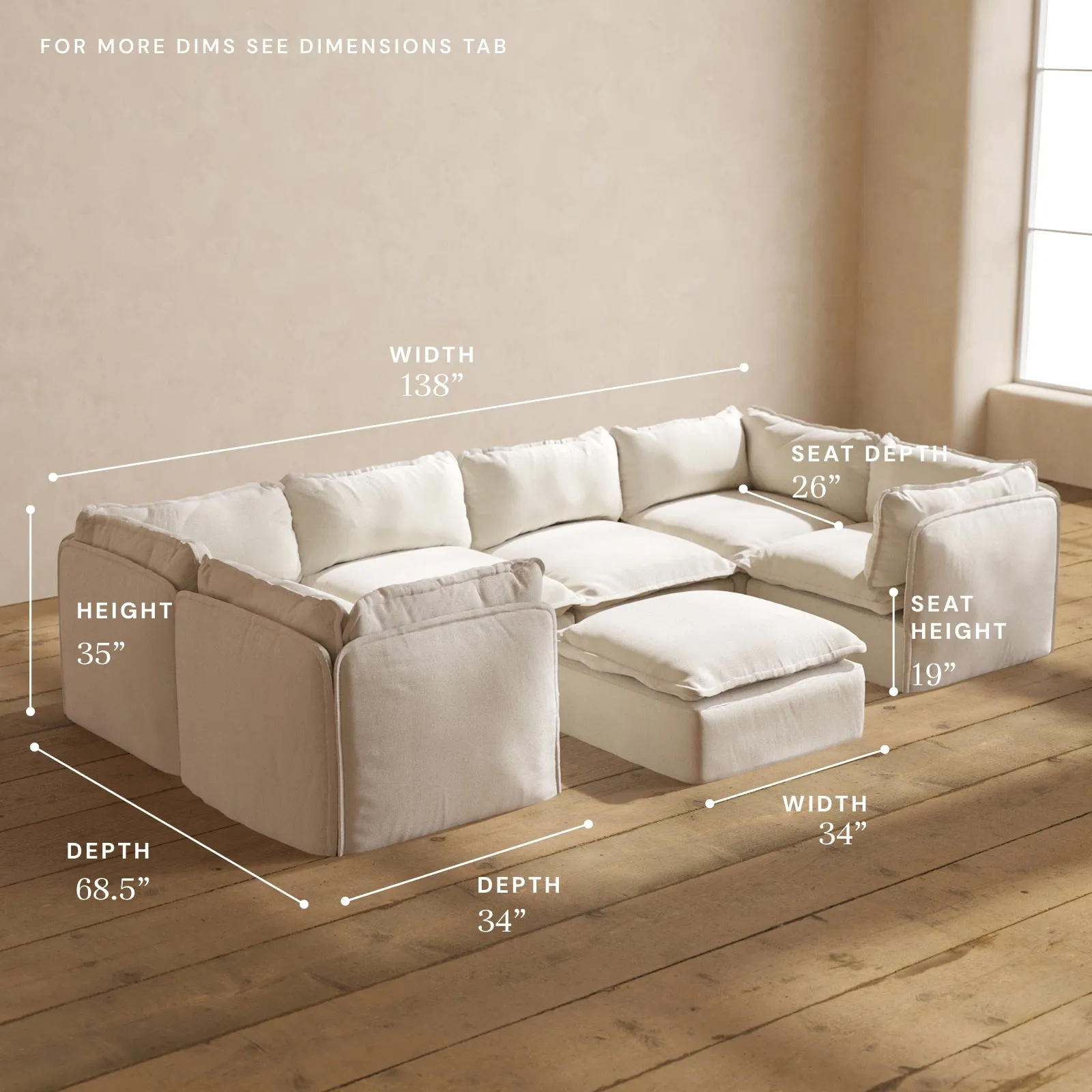 Modular Performance 6-Seater U-Sectional   Ottoman in Flour | Relaxed Blend