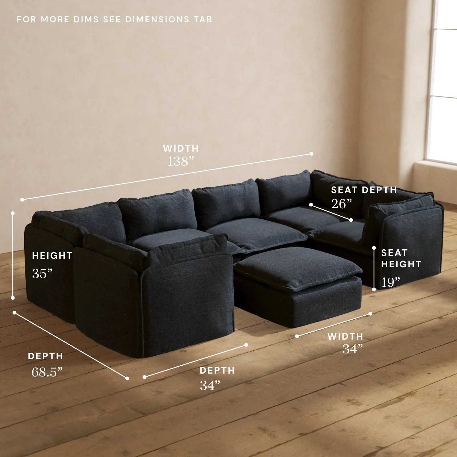 Modular Performance 6-Seater U-Sectional   Ottoman in Indigo | Deluxe Blend
