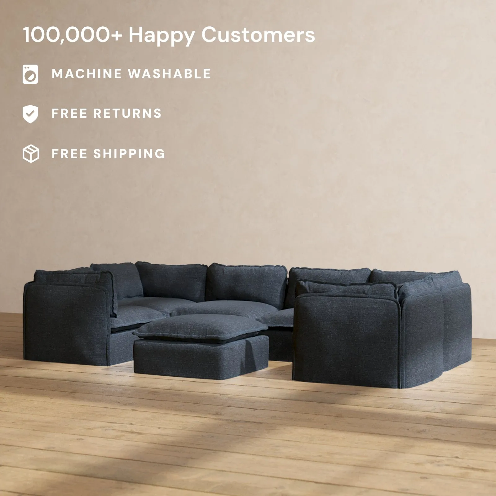 Modular Performance 6-Seater U-Sectional   Ottoman in Indigo | Deluxe Blend