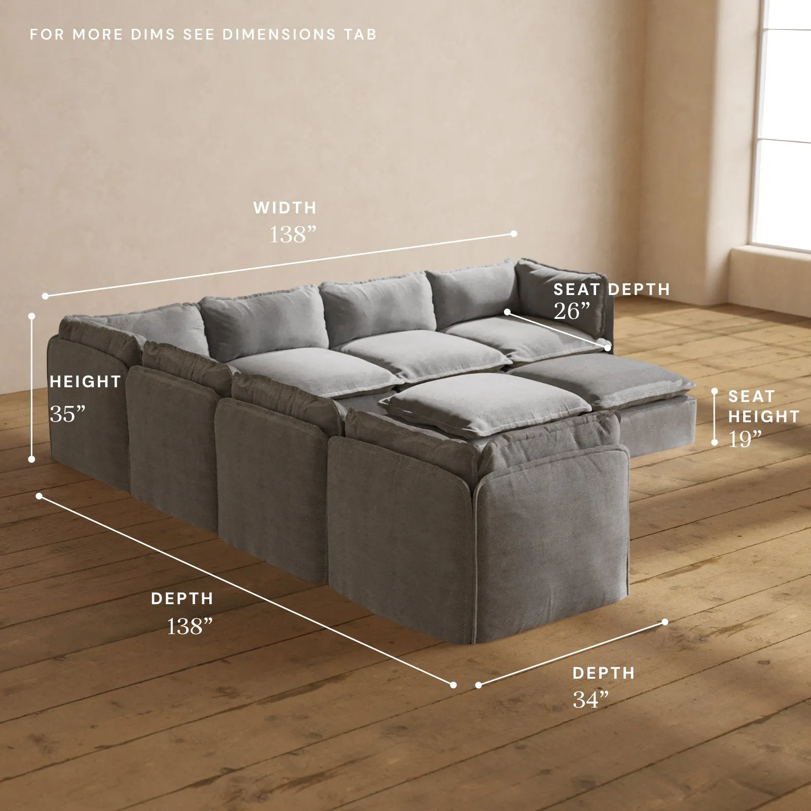 Modular Performance 7-Seater Corner Sectional   Bench Ottoman in Ash | Relaxed Blend
