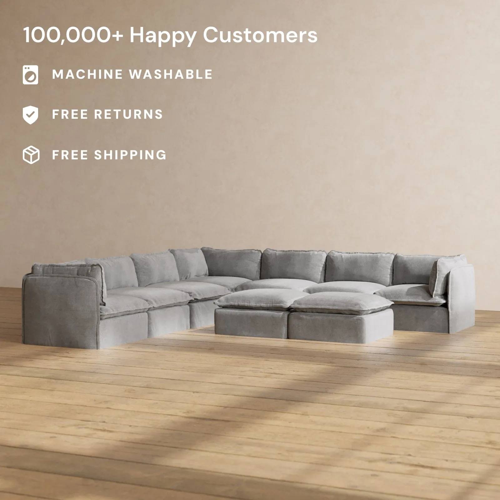 Modular Performance 7-Seater Corner Sectional   Bench Ottoman in Ash | Relaxed Blend