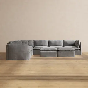 Modular Performance 7-Seater Corner Sectional   Bench Ottoman in Ash | Relaxed Blend