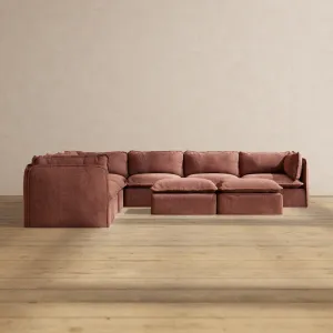 Modular Performance 7-Seater Corner Sectional   Bench Ottoman in Chestnut | Relaxed Blend